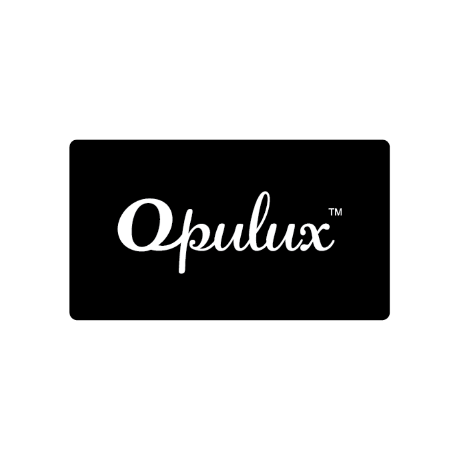 Black rectangle with the word 'Opulux' written in white cursive font.