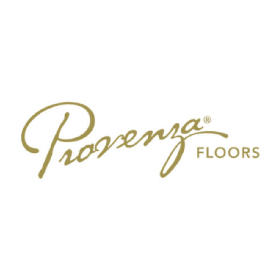 Provenz Floors logo in gold cursive font on a white background.