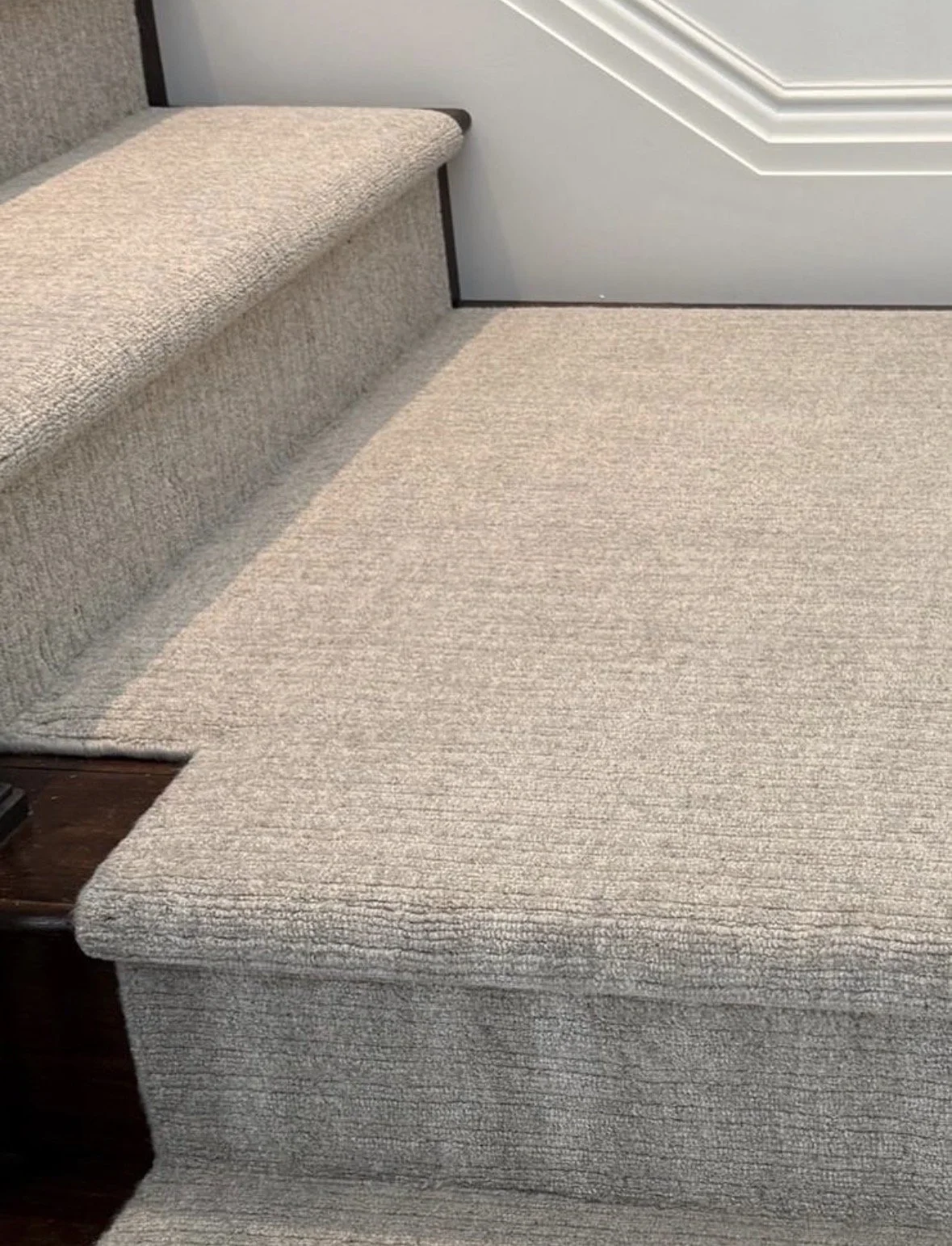 Close-up of a beige carpeted stairs and floor near a white wall and door.