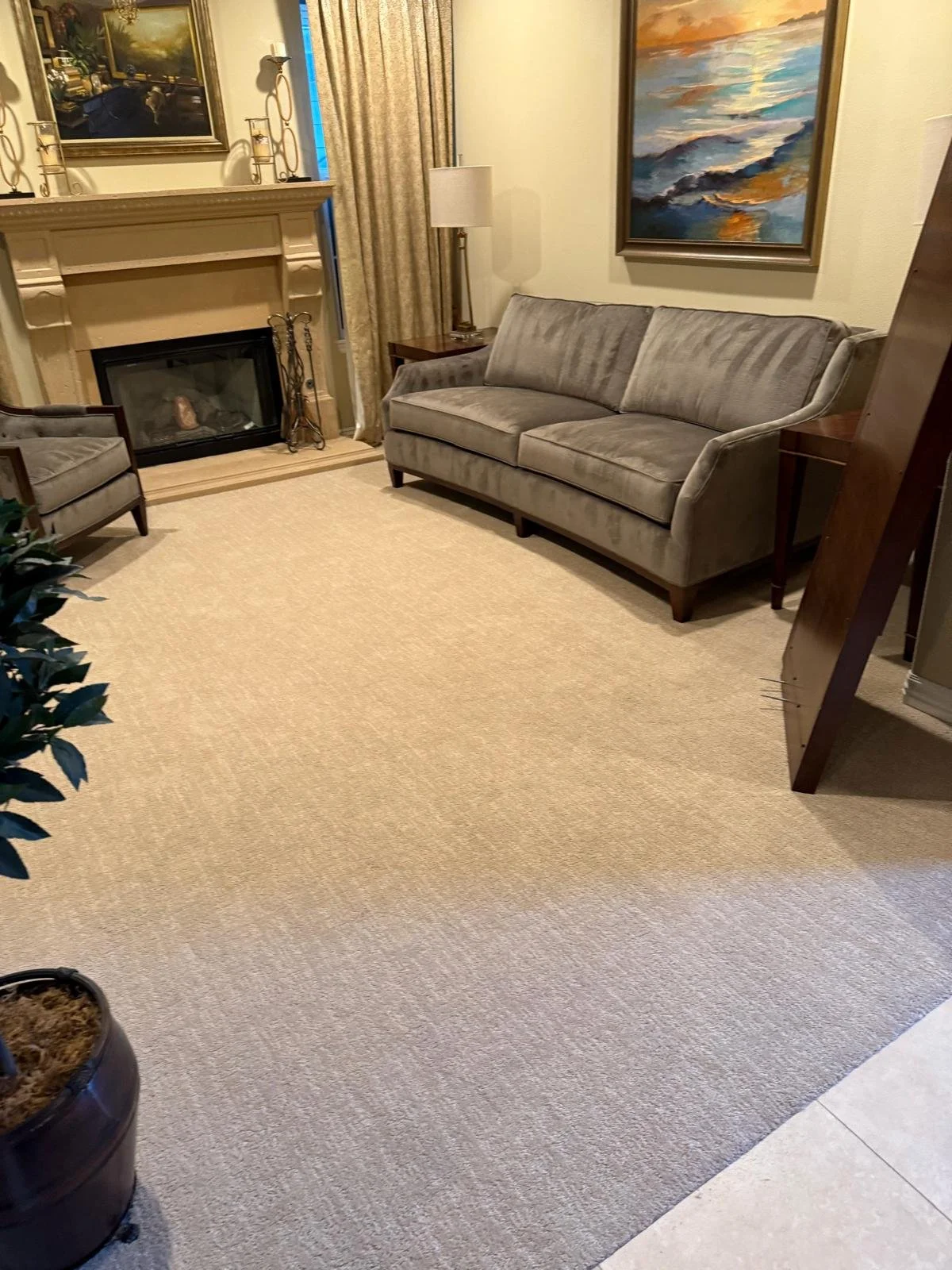 Living room with fireplace, two gray sofas, a side table, a lamp, paintings on the wall, and a potted plant.