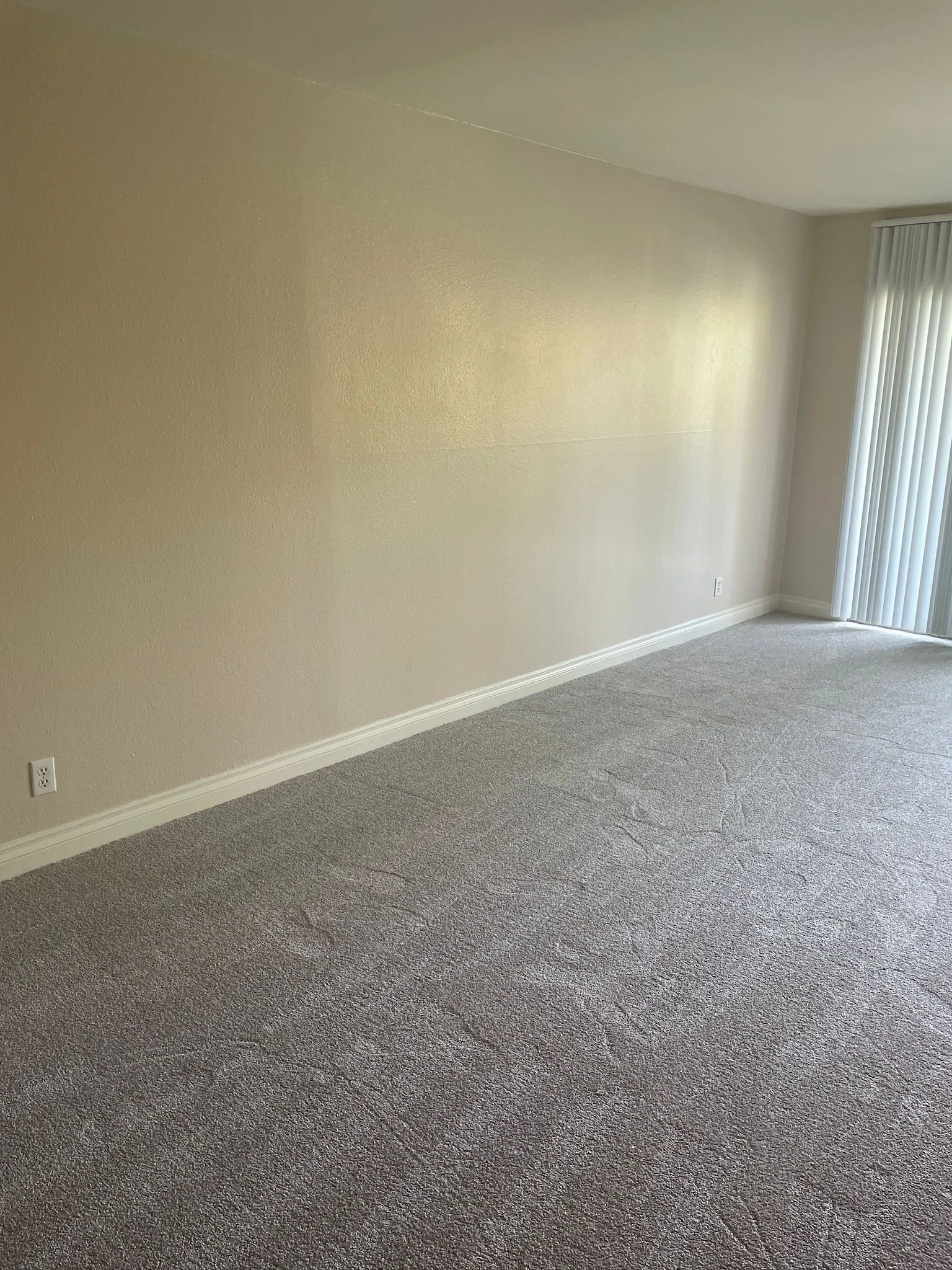 Empty living room with beige walls, gray carpet, white baseboards, and a sliding glass door with vertical blinds.