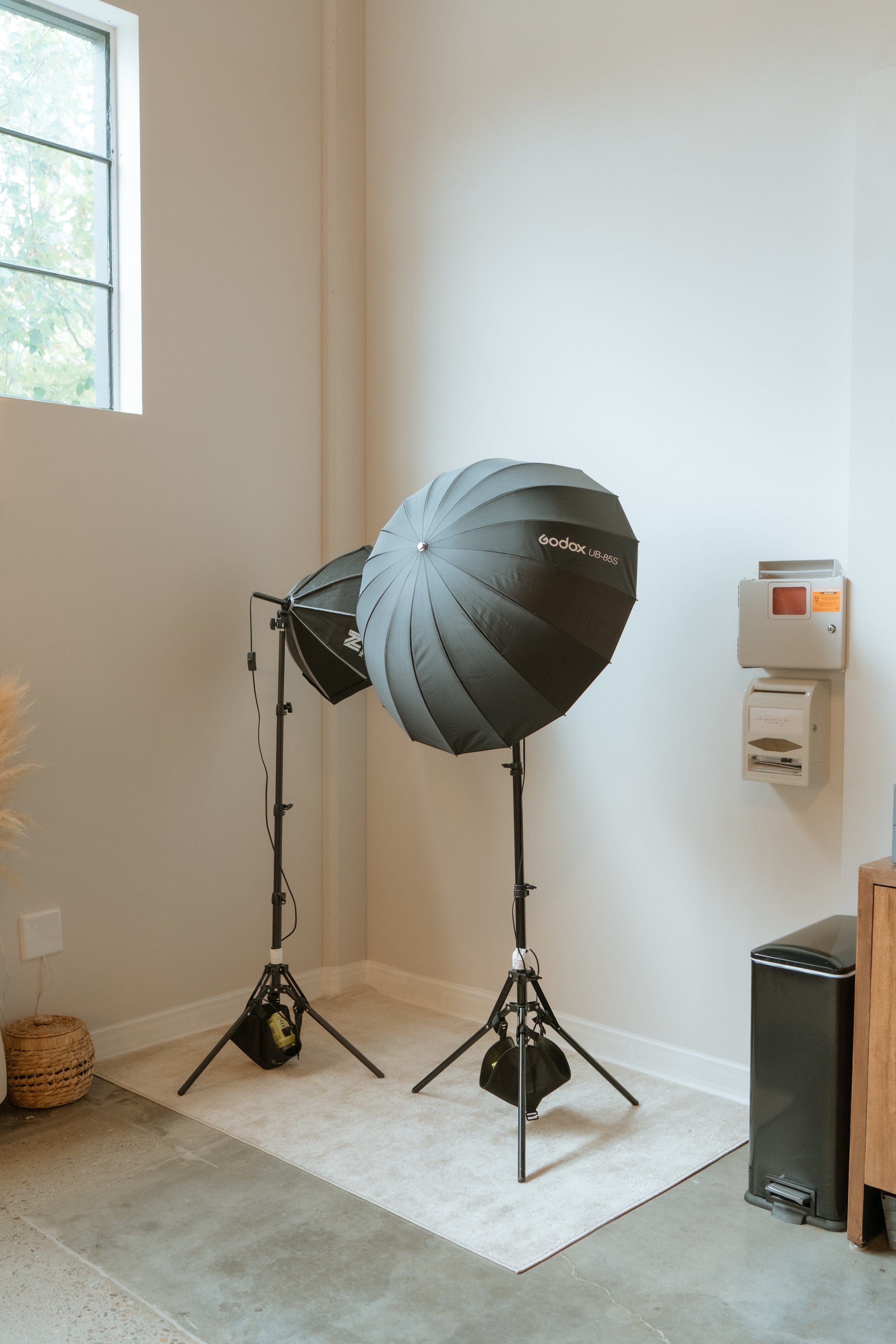 Dedicated photography corner with adjustable professional lighting.