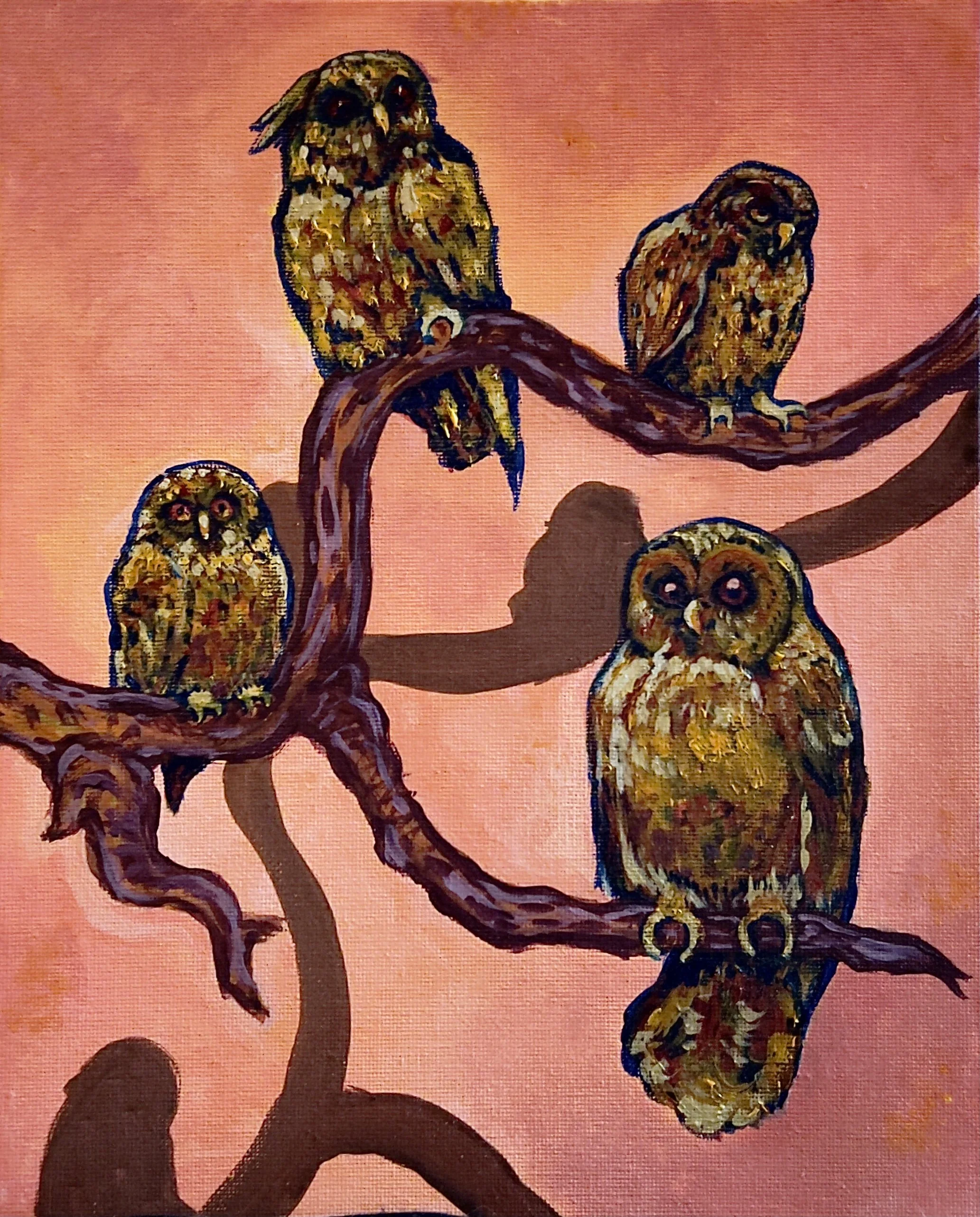 "Owls" Acrylic and Tempera on canvas board, 8" x 10", 2024
