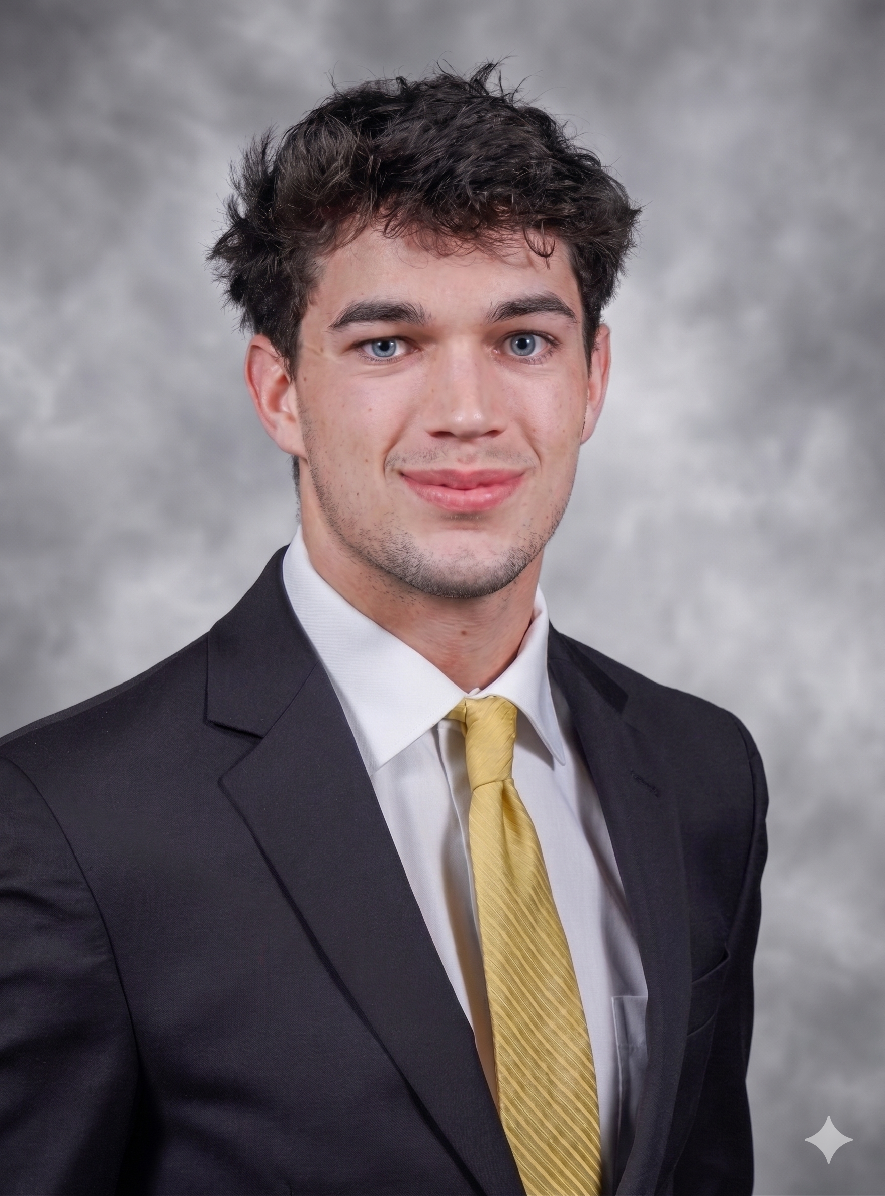 A young man in a blue suit, white shirt, and plaid tie smiling outdoors in front of green bushes and a brick wall.