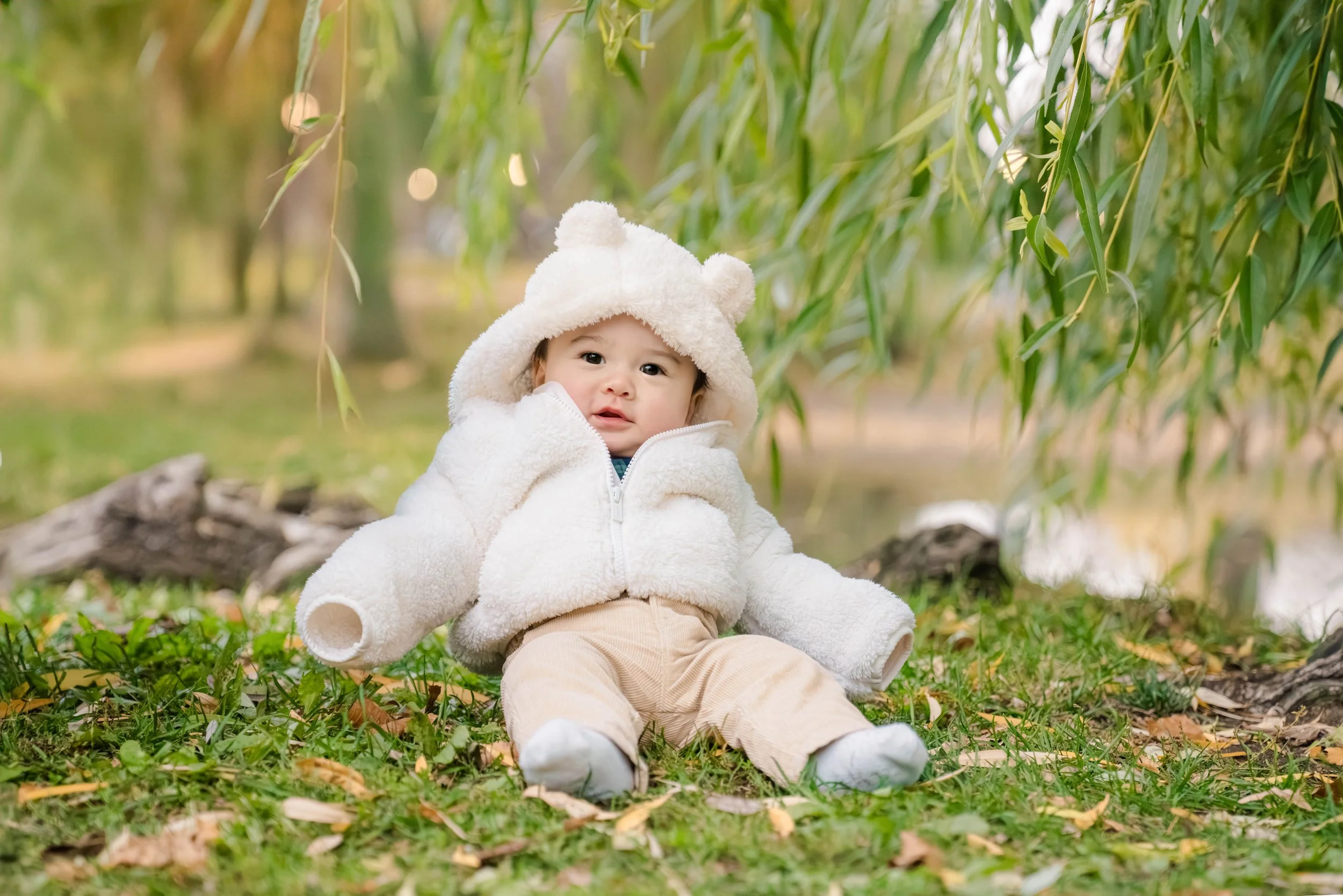 A baby sitting outdoors in a wooded area, wearing a white fuzzy jacket with a hood shaped like bear ears, tan pants, and white shoes, surrounded by grass, fallen leaves, and tree roots.