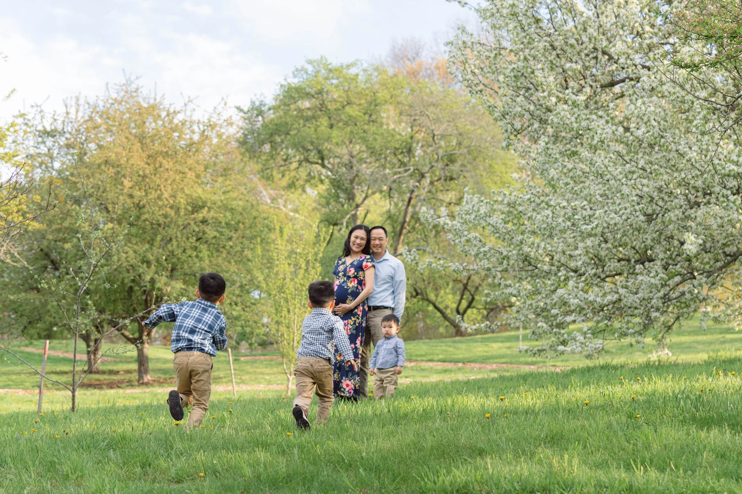 A family of seven, including a woman and a man, with four children, standing and playing outdoors in a park on a sunny spring day, surrounded by blooming trees and green grass.