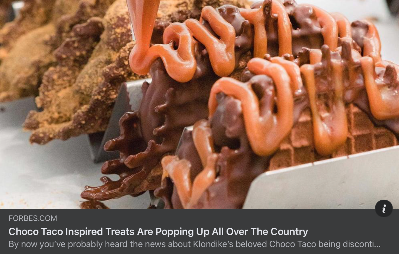 Close-up of churro waffle topped with chocolate and caramel drizzle, with a backdrop of several churro-inspired treats.