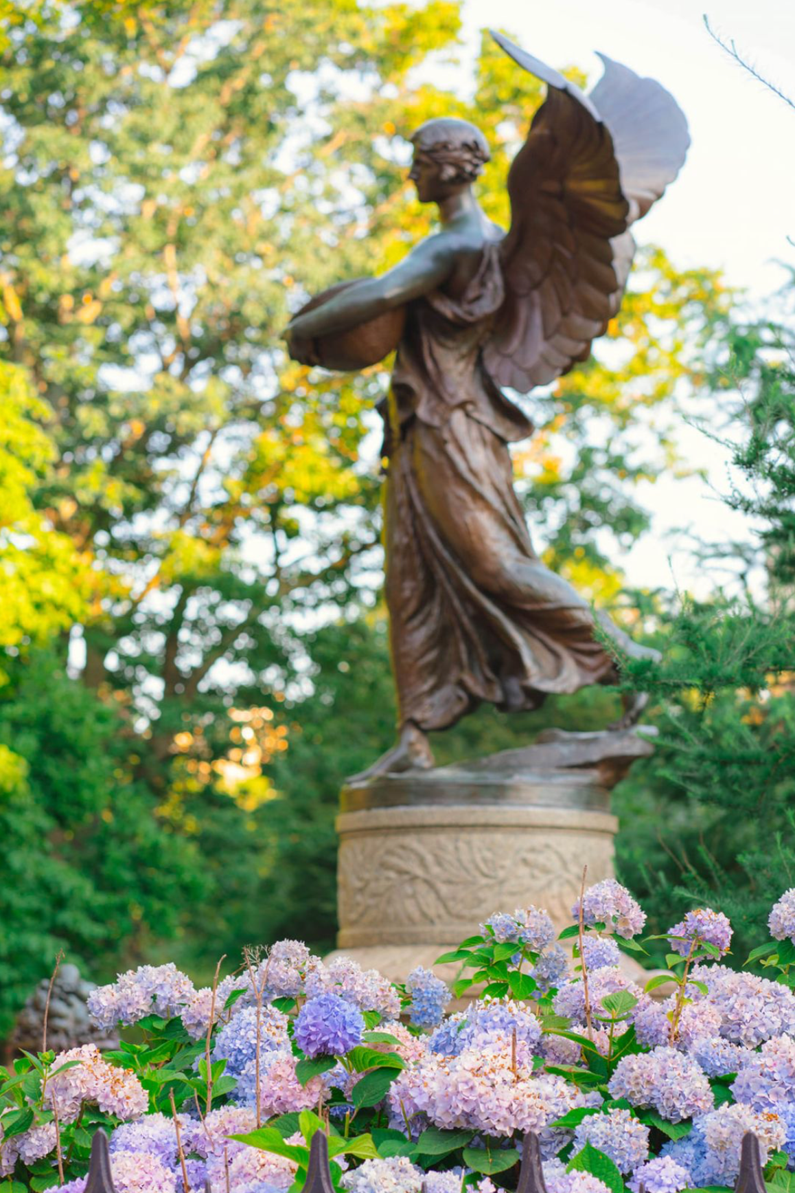 Bronze statue of a woman with wings holding a box, surrounded by colorful hydrangea flowers in a garden with green trees in the background.