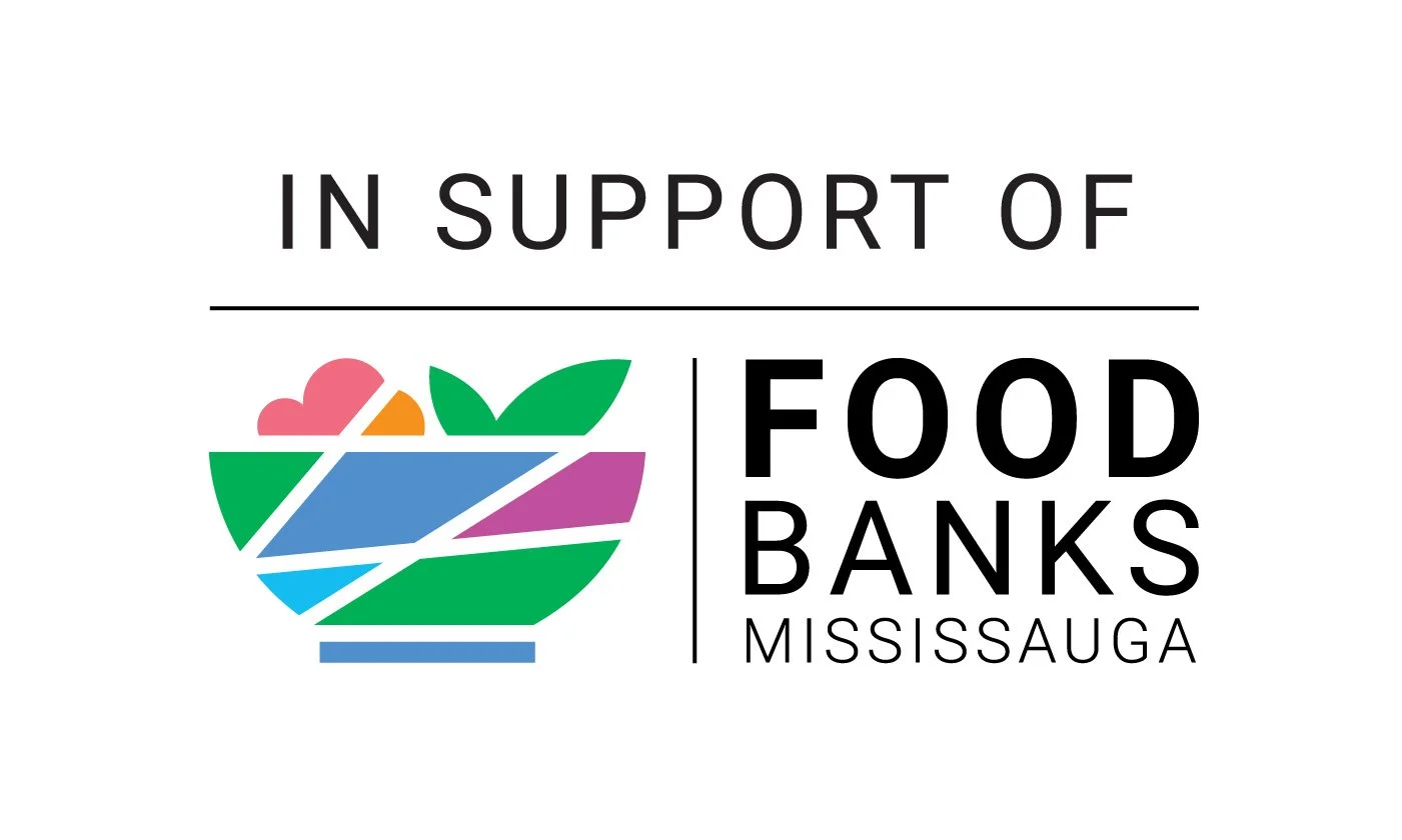 Logo of Food Banks Mississauga, featuring a colorful stylized bowl of food with a pink heart, orange shape, green leaves, purple and blue sections, and black text supporting food banks in Mississauga.