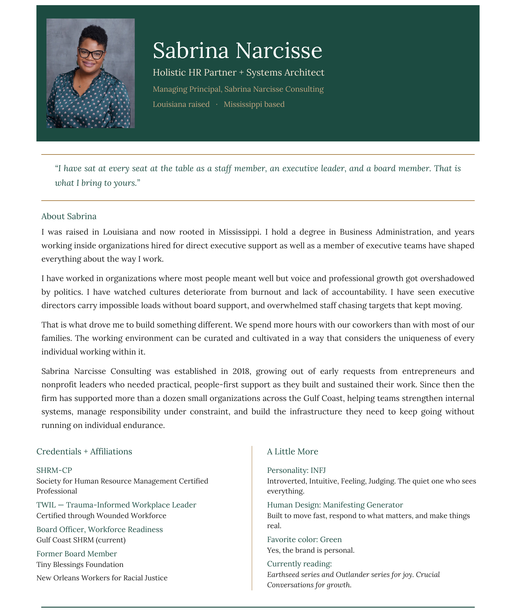 A professional webpage profile for Sabrina Narcisse, featuring a portrait photo, her name, titles, a quote, biography, credentials, and personal details including personality, favorite color, and current reading.