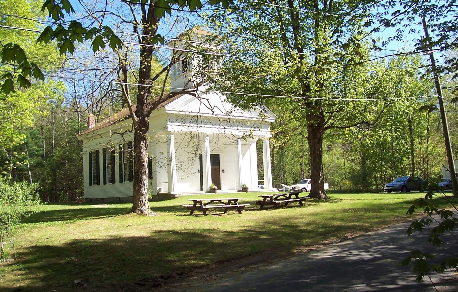 The First Congregational Church of Barkhamsted, also known as the Center Church. Completed in 1845, this church was built to replace the original meeting house, although the decision to put up a new structure was bitterly fought by a portion of the