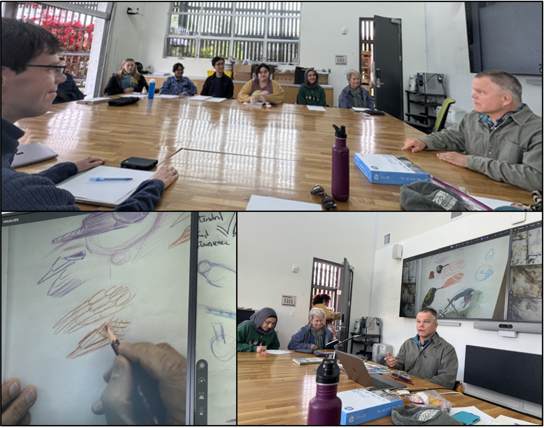 Photo collage of three images that show bird drawing workshop with Jack Muir Laws. Top shows Jack and participants gathered around a table. Bottom right shows Jack instructing the class on how to draw birds' wings. Bottom left shows close up sketches