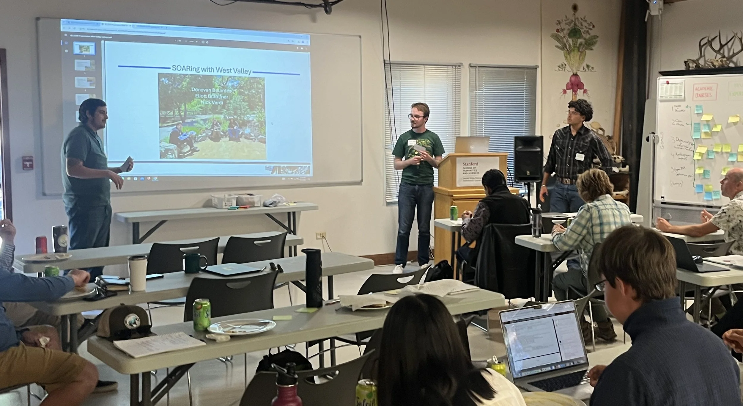 Three students give a joint presentation on "SOARing with West Valley" to 20 people at the Year 2 All-Hands Meeting
