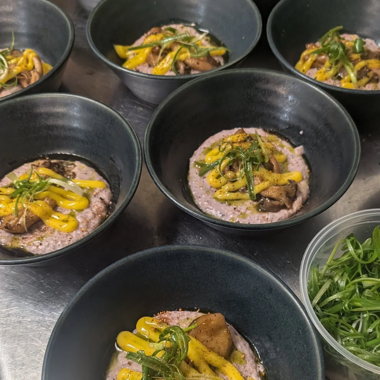 From our recent Donostia Supper Club dinners in Seattle. 

Heirloom blue curb grits / blue oyster mushrooms glazed in garlic habanero honey and brown butter / yolk jam / bourbon smoked togarashi

Goat cheese cavatelli / arugula pecan pesto / roasted 