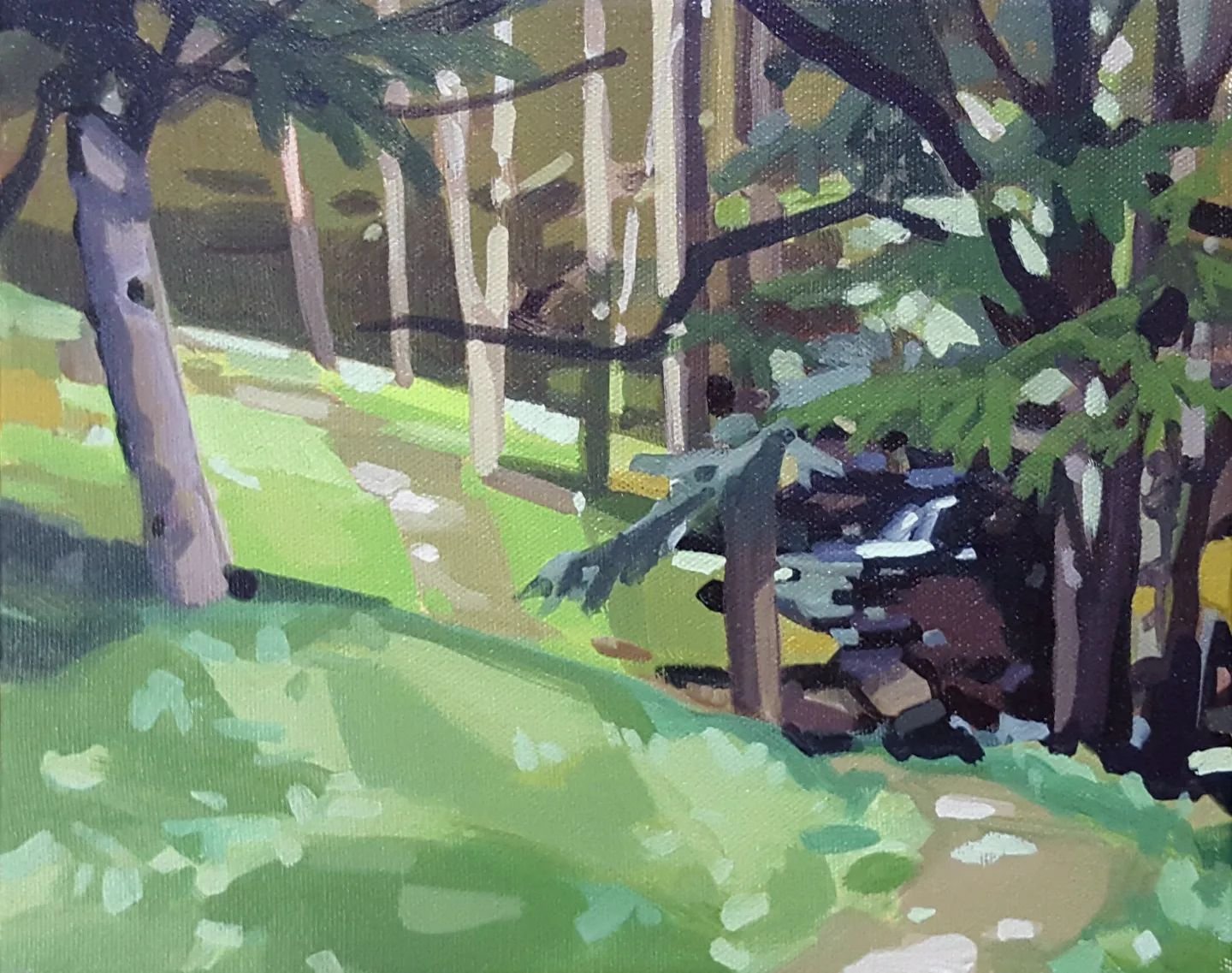 A plein air sketch I did a few years ago in my yard. This view is a few steps from our patio.  I have to remind myself how easy it is just to bring the paint setup outdoors. I really don't have to go too far. 
The bugs in the other hand...

Such a go