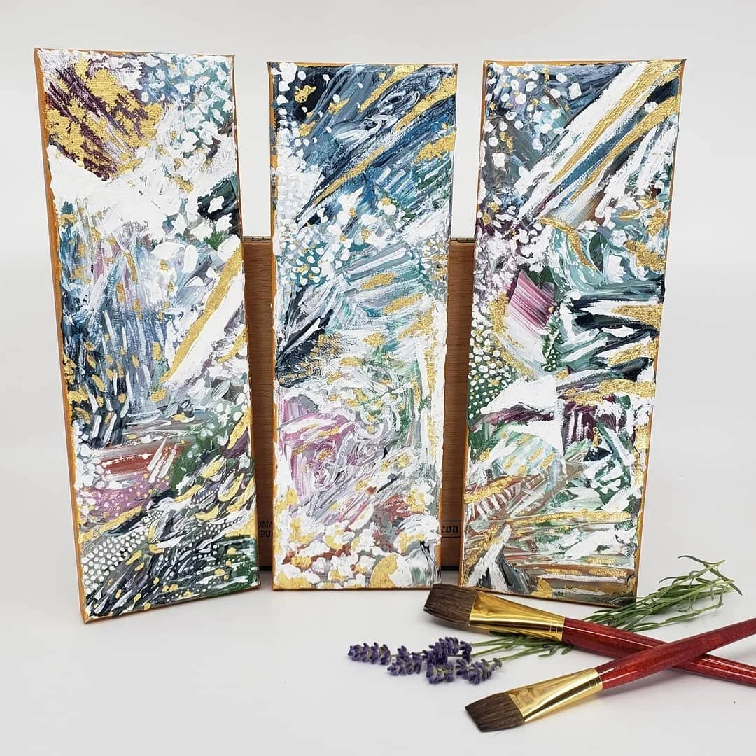 FBF to an abstract triptych I'm really proud of. 

This piece was inspired by natural elements in motion, waterfalls and rainstorms, snow and wind, lightning and sun peeking through clouds. It sat in various stages, waiting while I stewed on what it 