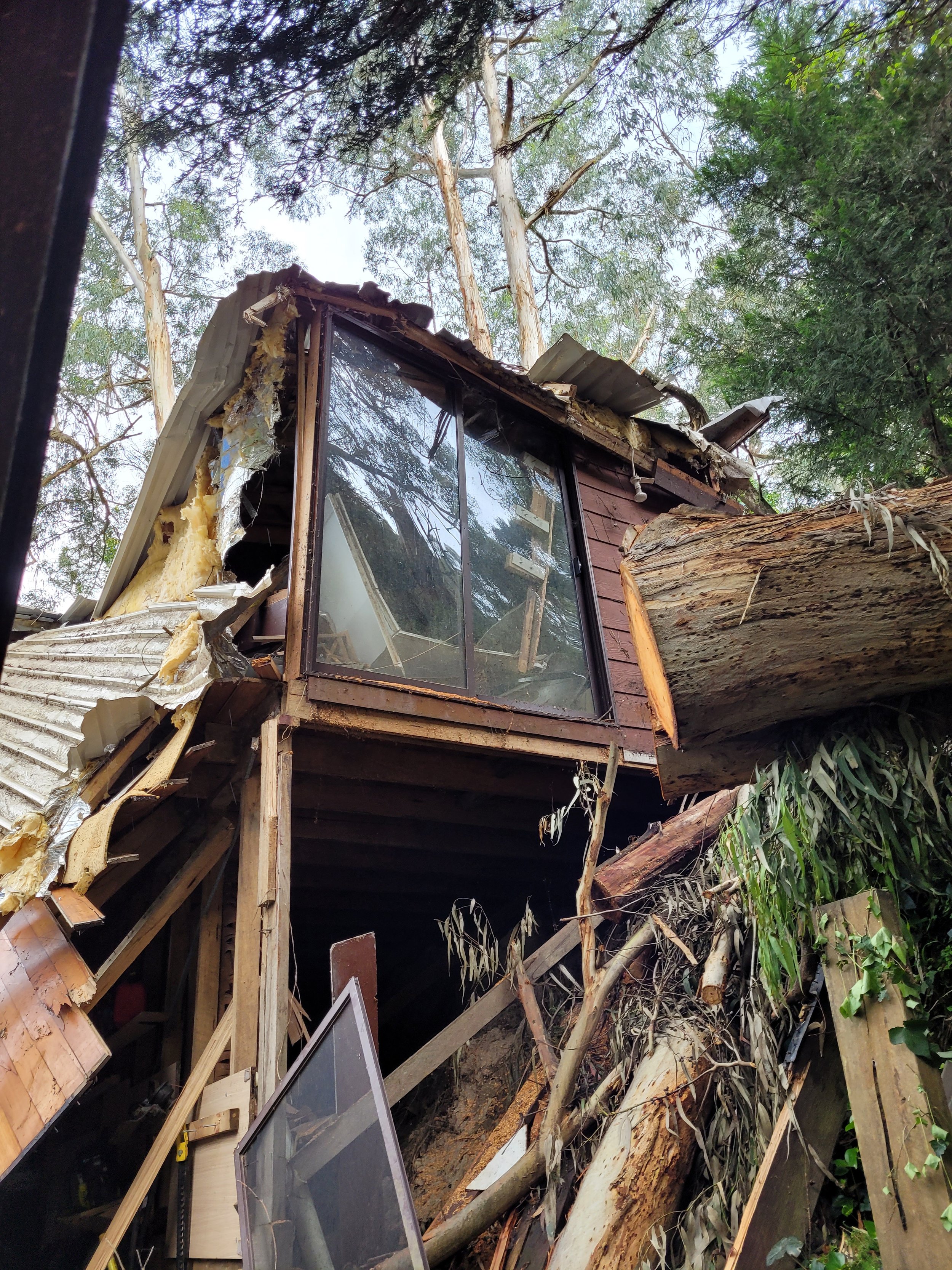 A house that has experienced a tree impact and storm damage in Victoria
