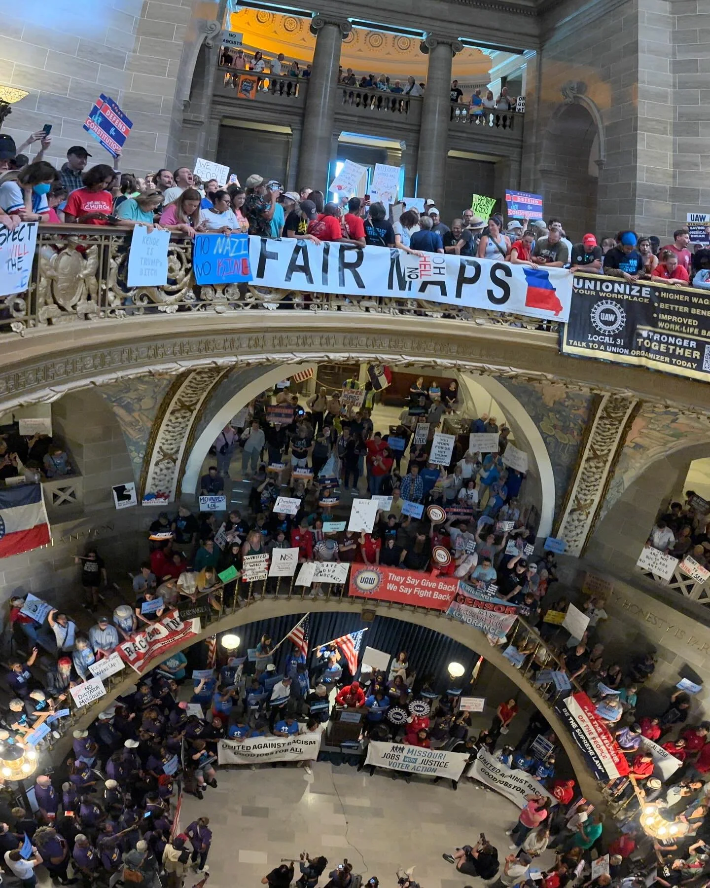 2000+ people packed the Missouri capitol rotunda today to say NO REDISTRICTING. The crowd filled several floors and included people of many ages, races, causes&mdash;all coming together. We&rsquo;re not rolling over in Missouri, y&rsquo;all. 

#gerry