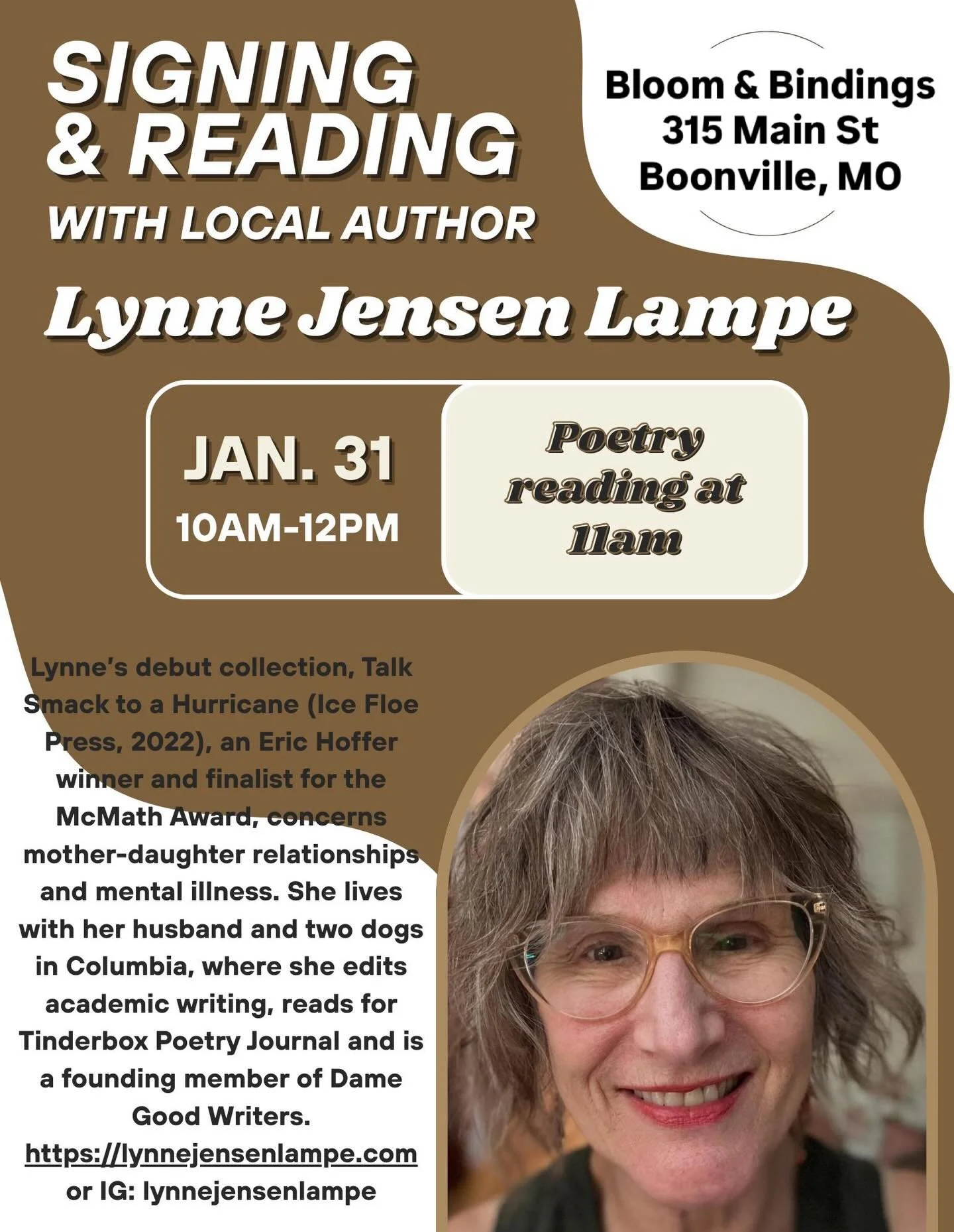 Y&rsquo;all, if you&rsquo;re in mid-Missouri on Saturday January 31, stop by the very cool @bloomandbindings_ to browse books, gifts, vinyl, even cigars and hear some poetry! I&rsquo;ll read at 11 am from Talk Smack to a Hurricane, my collection abou