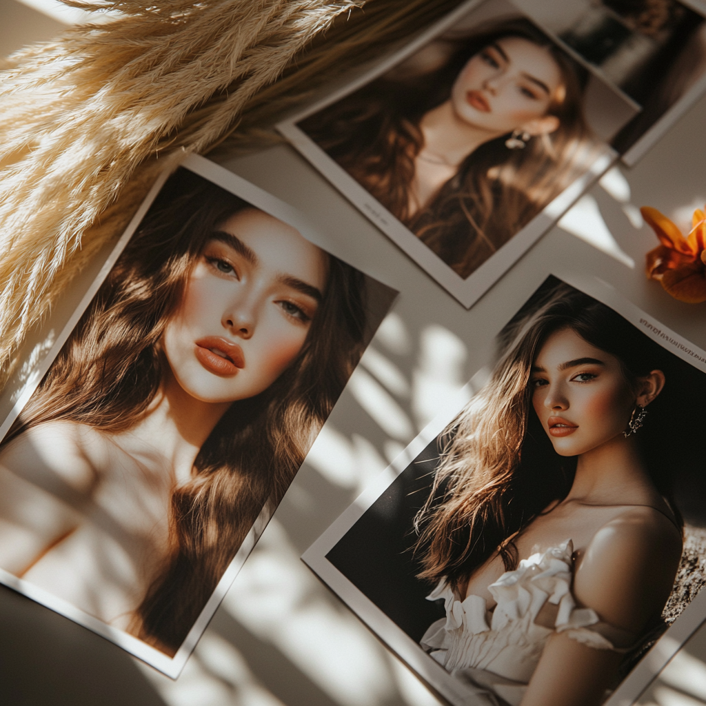 Photographs of a young woman with long wavy brown hair and natural makeup, displayed on a surface with sunlight and shadows, accompanied by dried grasses and a flower.