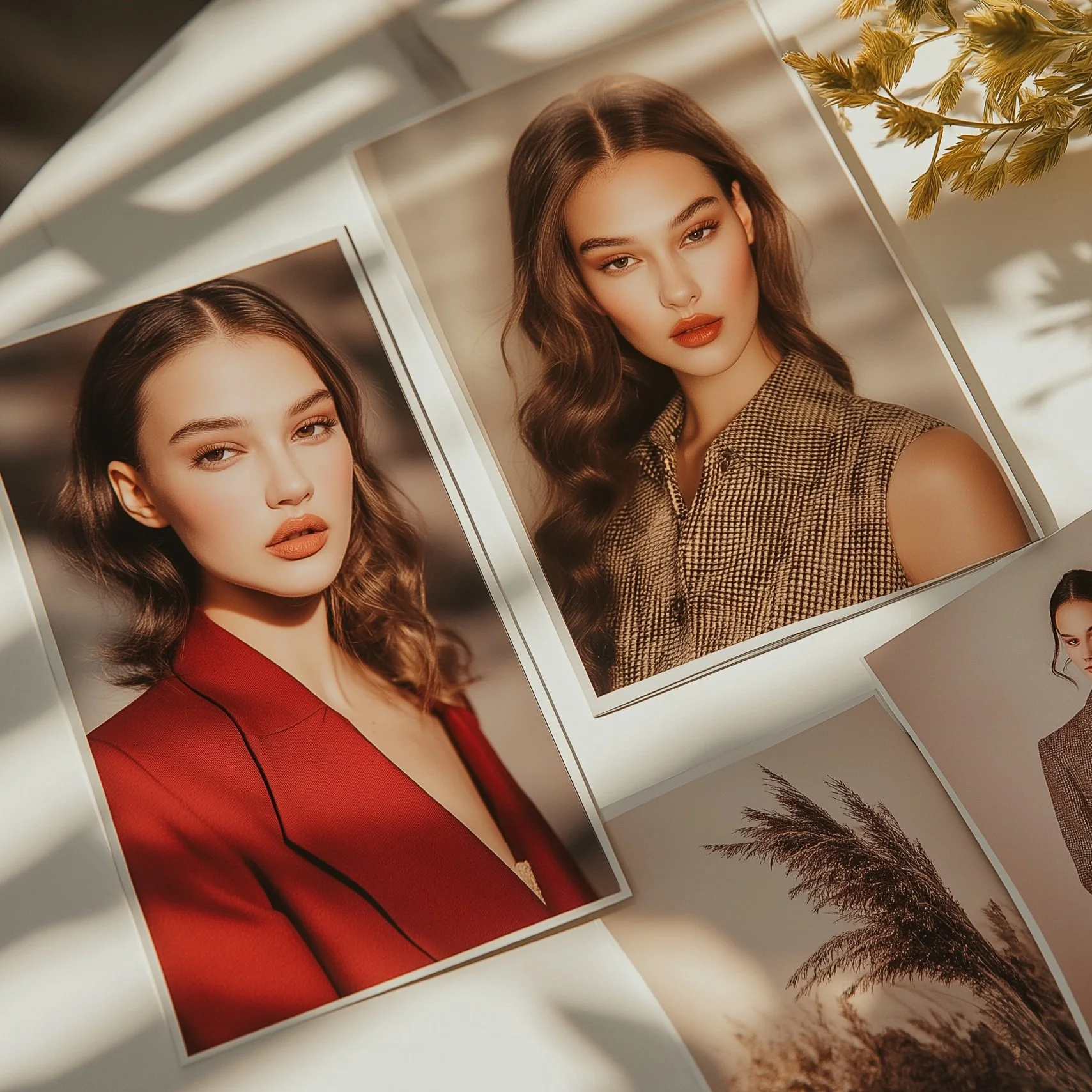 Photographs of a young woman with wavy brown hair and makeup, wearing different outfits, laid out on a white surface.