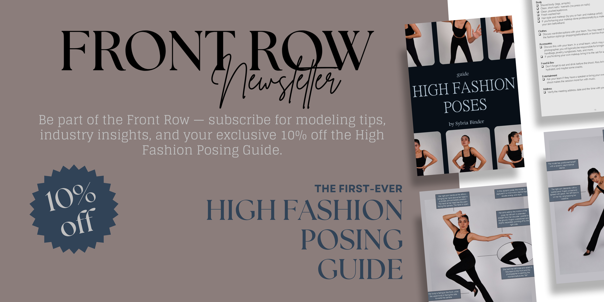 A newsletter header for Front Row featuring a promotion for a High Fashion Poses guide by Sylvia Binder, including images of models in various poses, and a pinkish-brown background with black and white text, and a blue badge indicating 10% off.