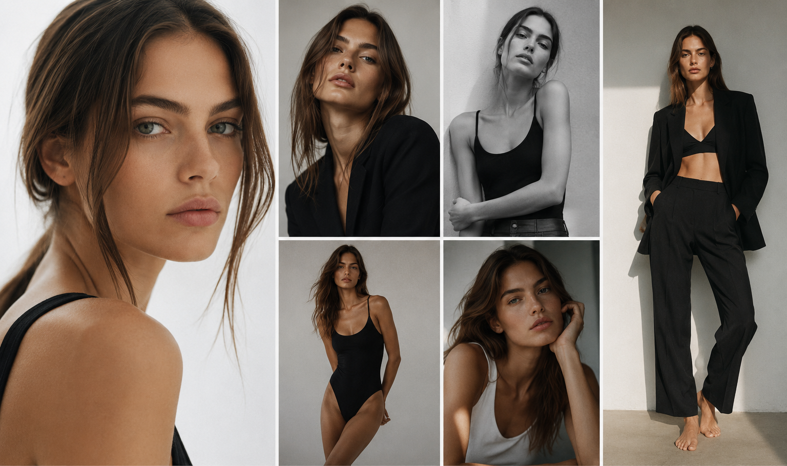 A collage of fashion photos featuring a young woman with wavy brown hair, shown in various poses and outfits including close-ups, black and white, and full-body shots in black clothing and a white tank top, against plain backgrounds.