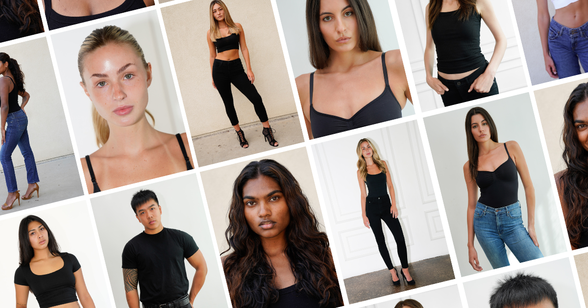 Collage of diverse young adults models posing, wearing casual and stylish outfits, in indoor and outdoor settings.