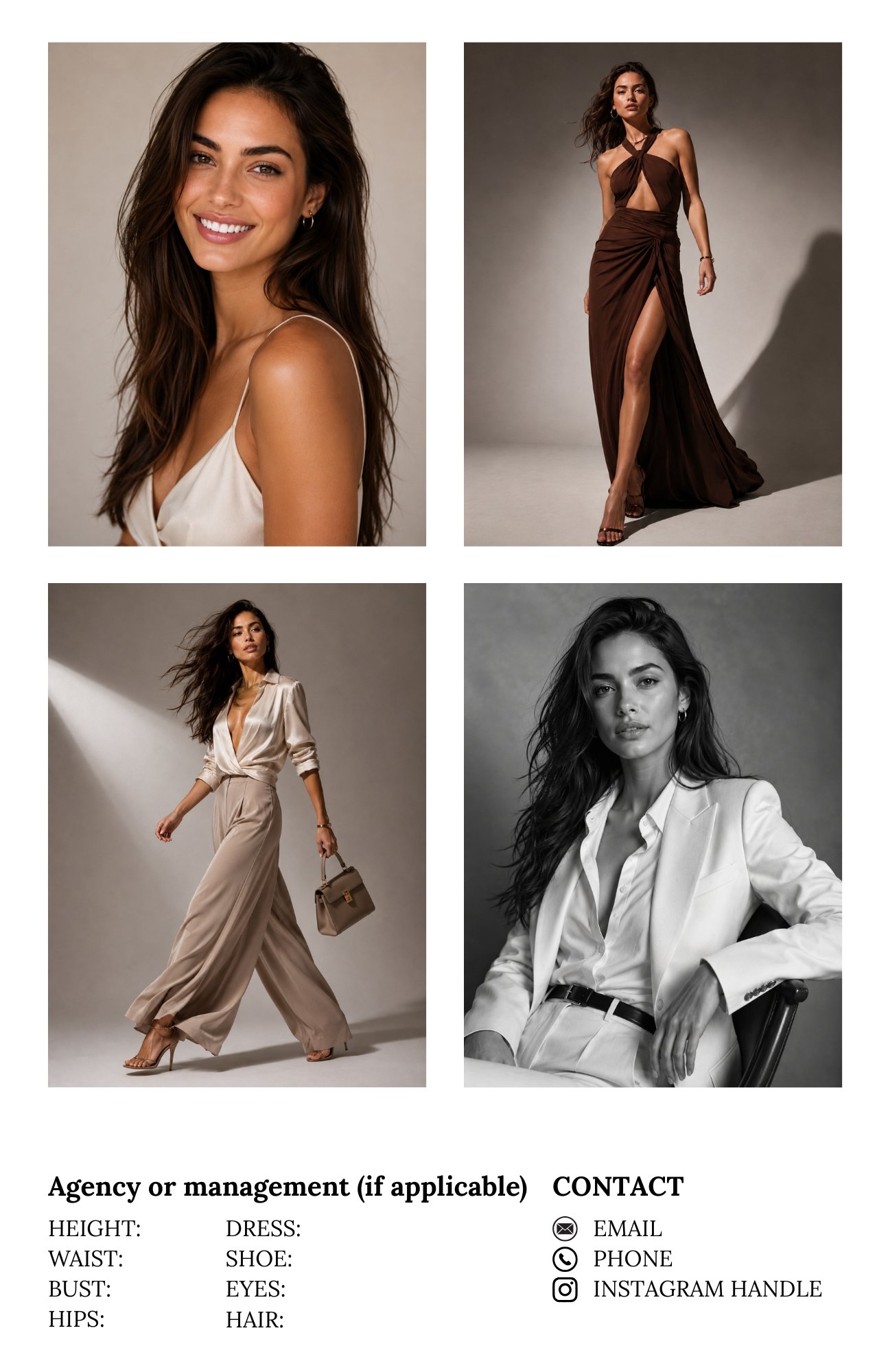 Collage of fashion photographs of a young woman with long wavy hair, wearing various outfits including a cream-colored dress, a brown dress, beige wide-leg pants with a blouse, and a black-and-white blazer look. The photographs show her in different poses against neutral backgrounds.