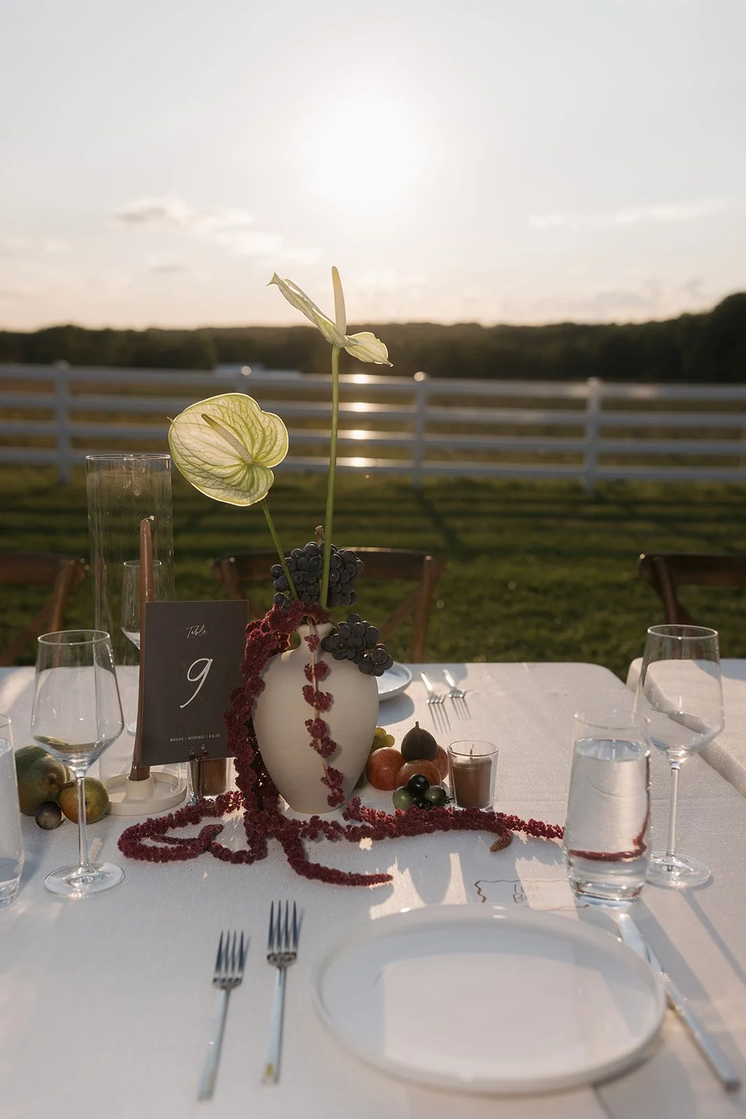A table setting with a centerpiece containing a white vase with greenery and purple grapes, set outdoors during sunset with a white fence and river in the background.