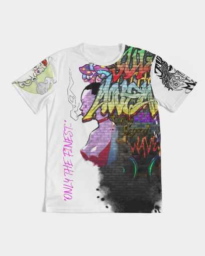White t-shirt with colorful graffiti-style designs, including abstract patterns, text saying "only the finest," and various artistic elements on the front and sleeves.