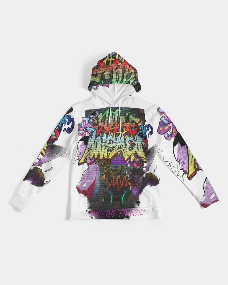 White hoodie with colorful graffiti-style designs and text, featuring vibrant patterns on the hood and sleeves.