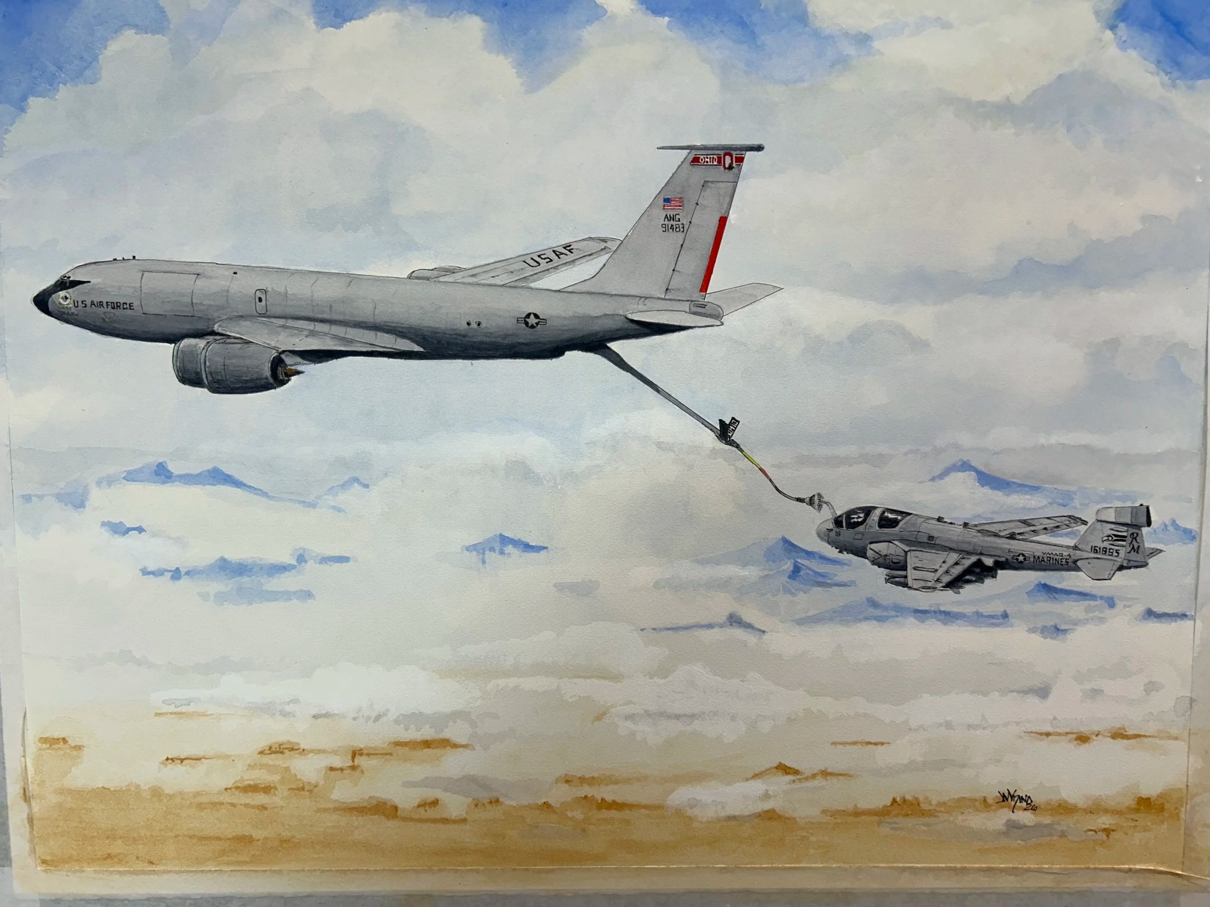 Commission work. Watercolor 30"x22" Arches 140#. Depicting a KC-135 from the 166 Aerial Refueling Squadron Ohio Air National Guard refueling a EA-6B Prowler from VMAQ-4 Seahawks based at Whidbey Island Washington ........