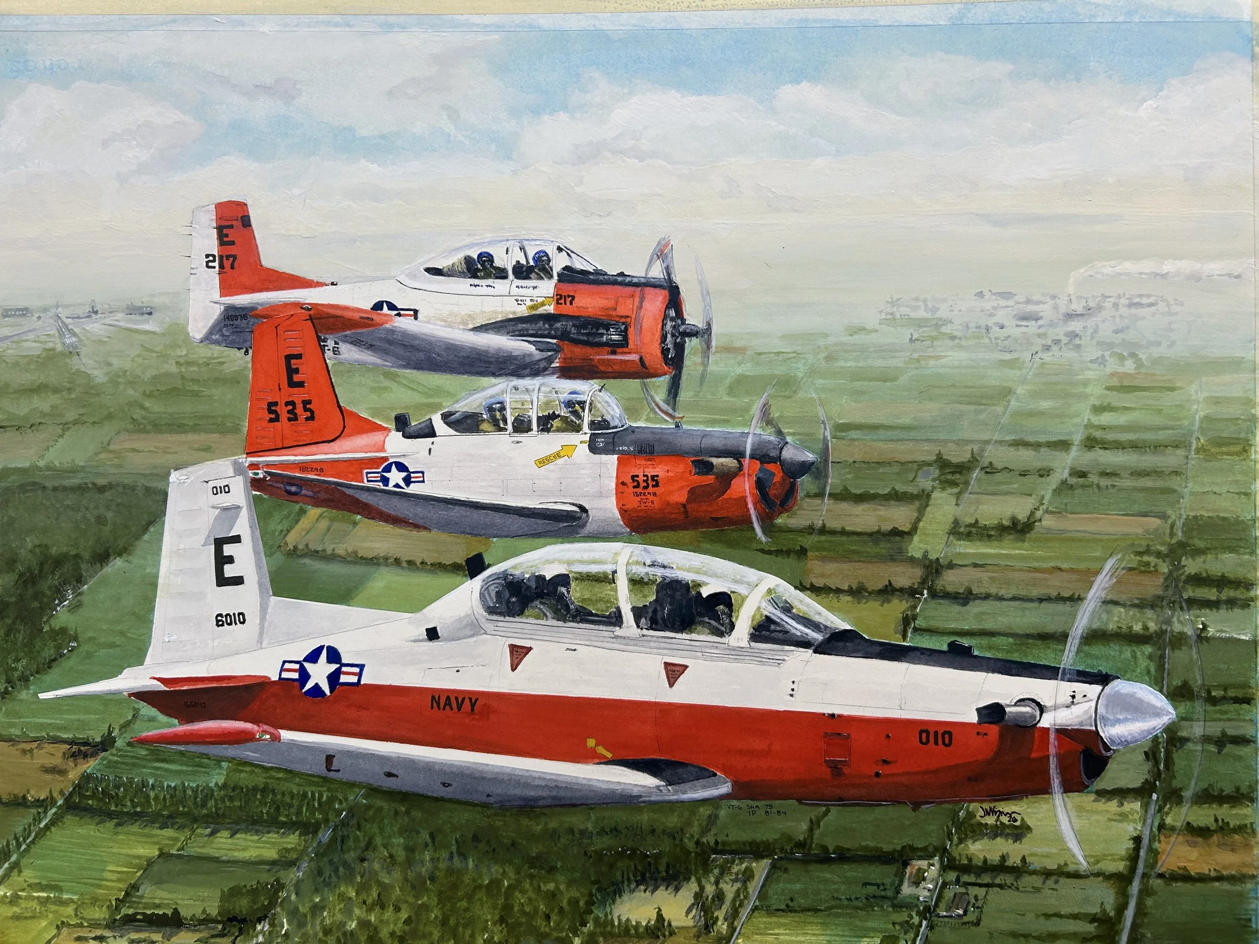 "VT-6 Transitions in Time",  watercolor 30"x22" on Arches 300# Cotton. Training Squadron SIX (VT-6) was initially established in 1956. The squadron has provided primary flight training to selected student aviators (SNAs), since its inception. 
The pa