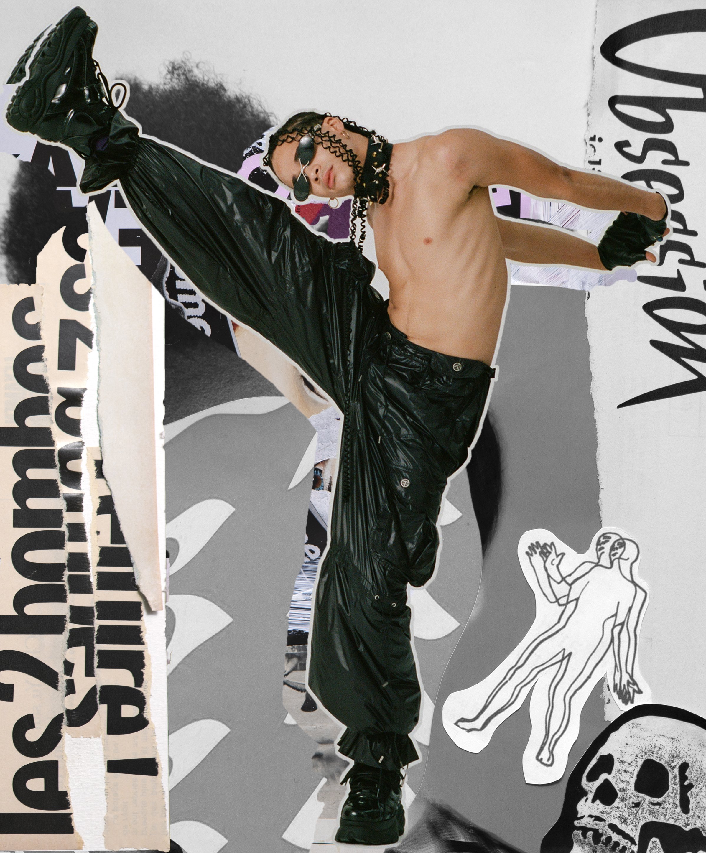 A shirtless person wearing black shiny pants, black shoes, sunglasses, and a choker, posing against a collage-style background with various drawings and text.