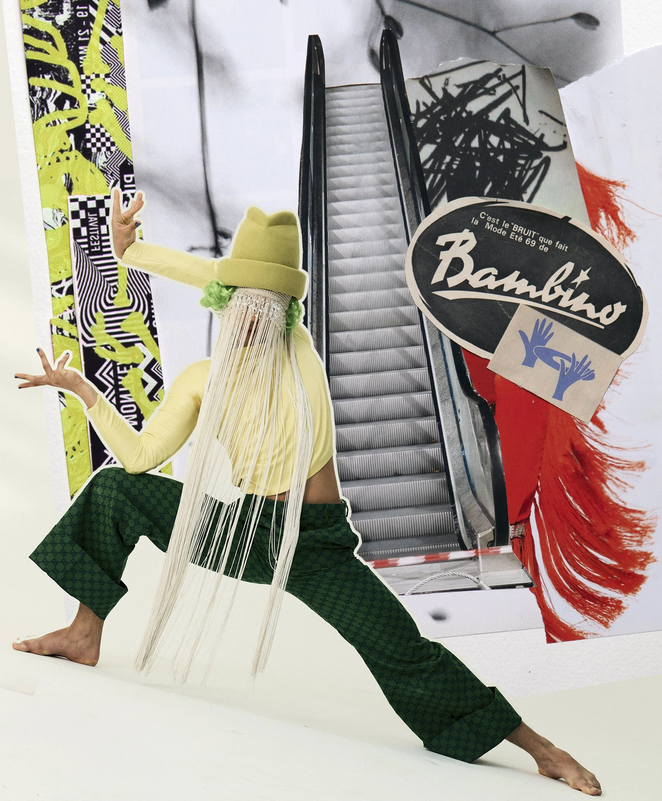 A person in a yellow outfit with green hair and long white hair extensions posing in front of a staircase and colorful background, with a large skateboard and a sign that reads 'Bambino' in the background.