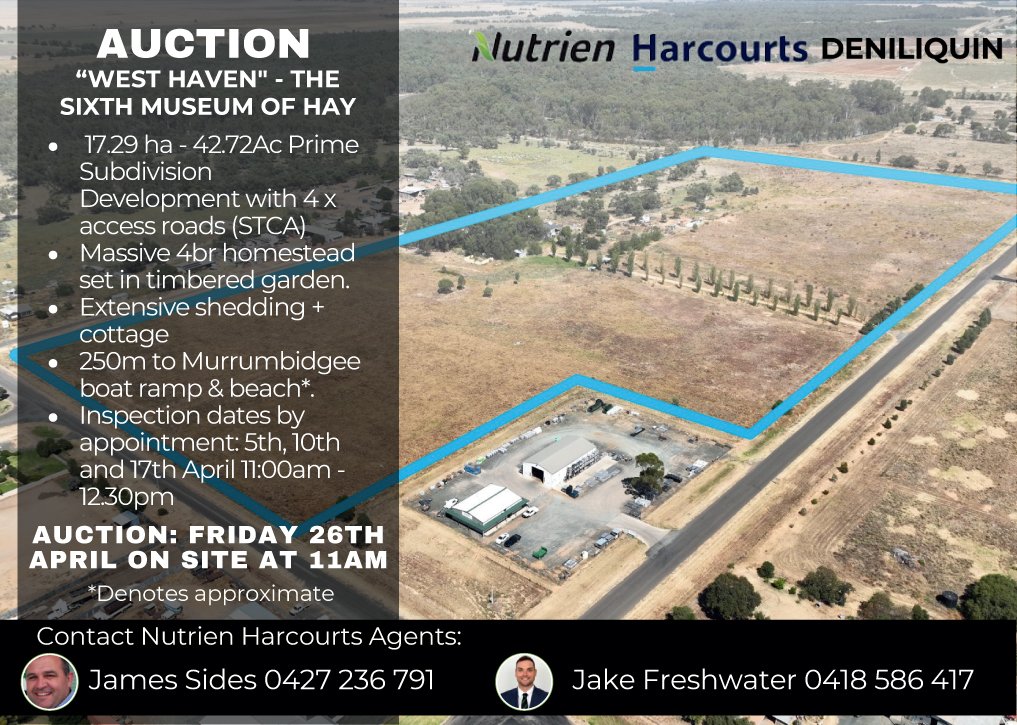 &bull; &bull; SPONSORED POST &bull; &bull;

Property auction: 'Westhaven' Friday April 26, on-site at 11am - Hay, NSW

Contact James Sides or Jake Freshwater at Nutrien Harcourts Deniliquin.

#propertysale #haynsw #treechange #propertydevelopment