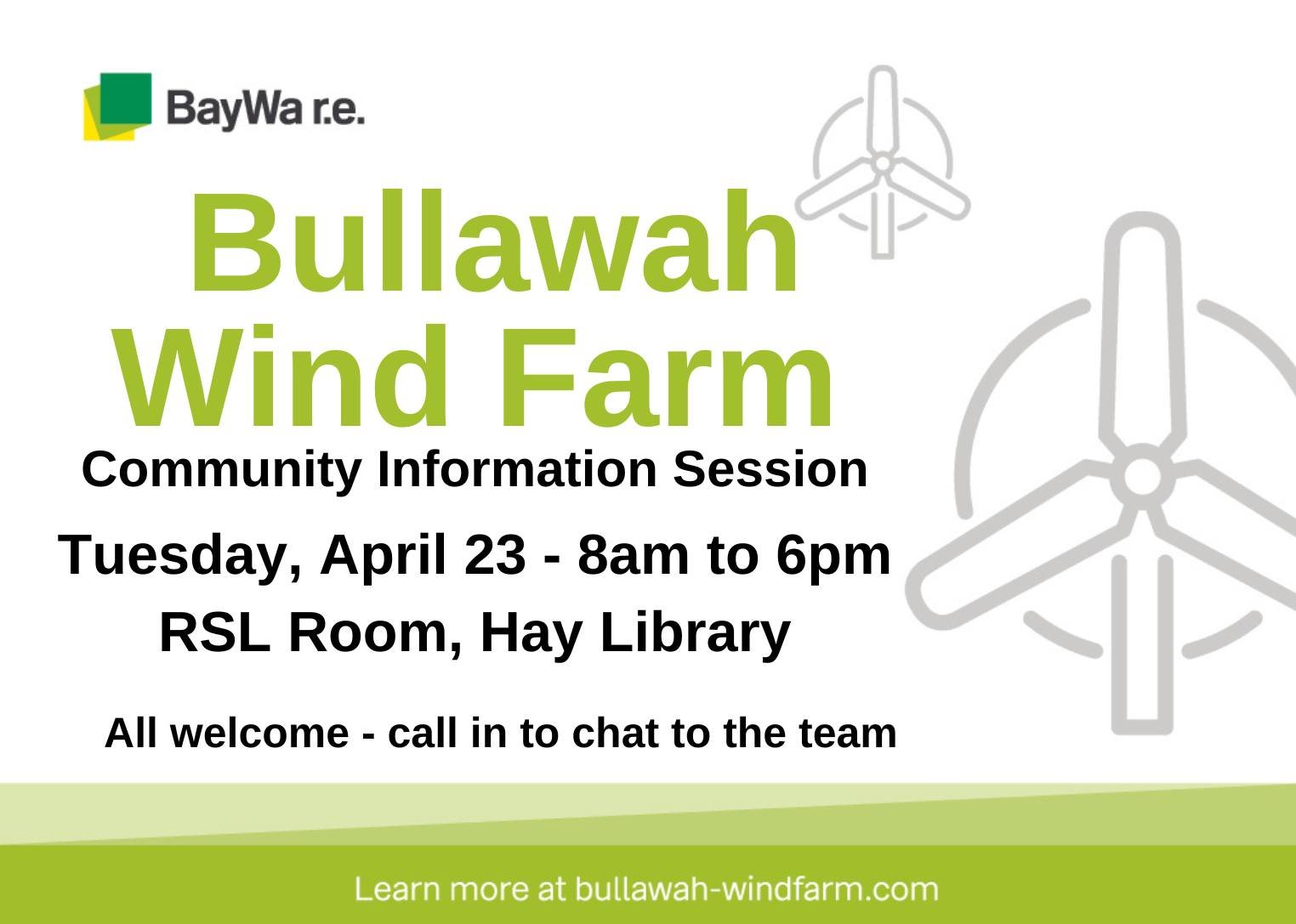 SPONSORED POST
BayWa is hosting a consultation session, and all are welcome. Call in to chat about the Bullawah Wind Farm with the team.
