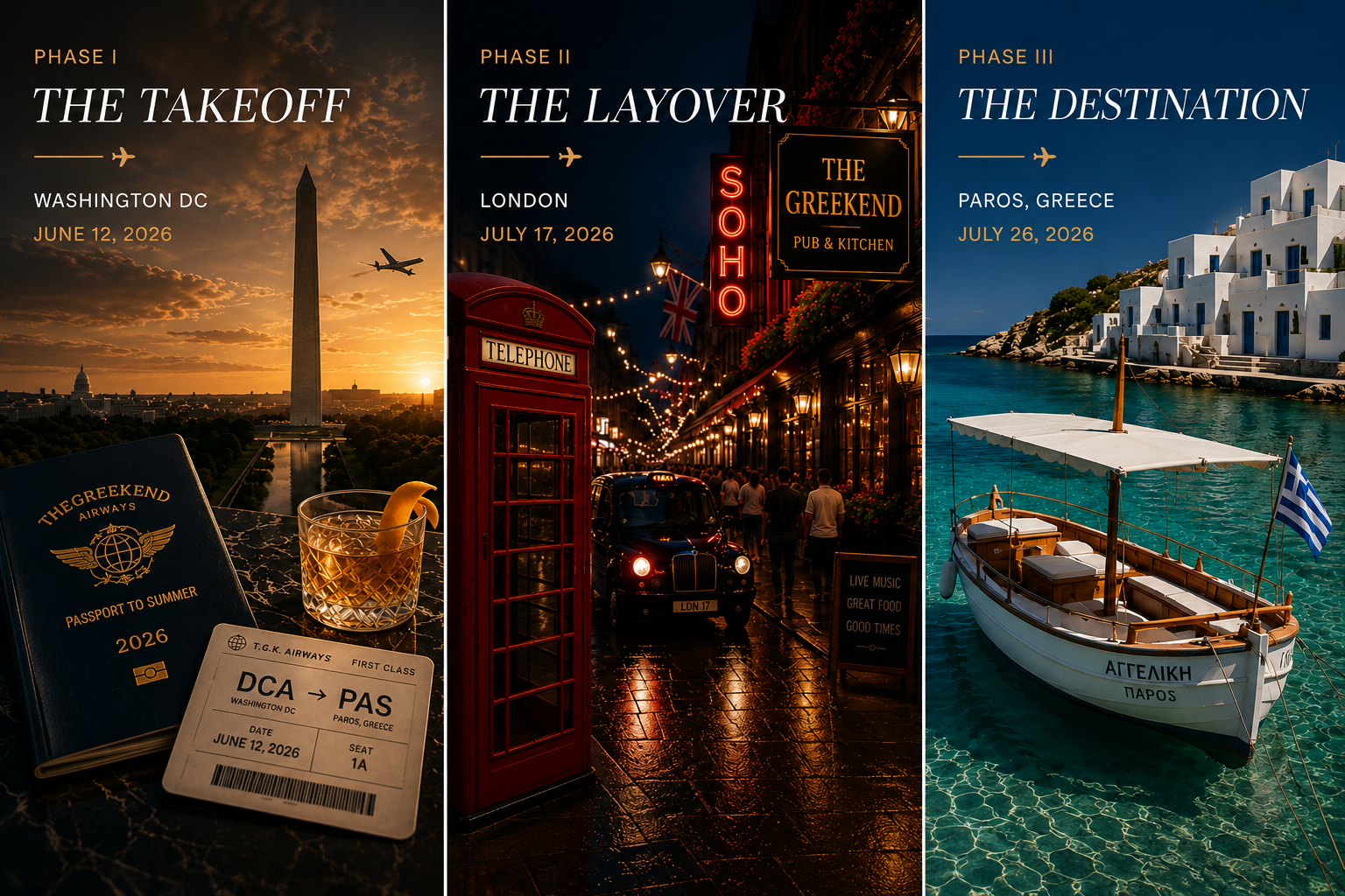 A trip itinerary with three phases: Phase I shows Washington D.C. at sunset with a passport, a cocktail, and a boarding pass for June 12, 2026; Phase II depicts London at night with illuminated streets, a red phone booth, and a taxi; Phase III features Paros, Greece, during daytime with white buildings and a boat on clear water.