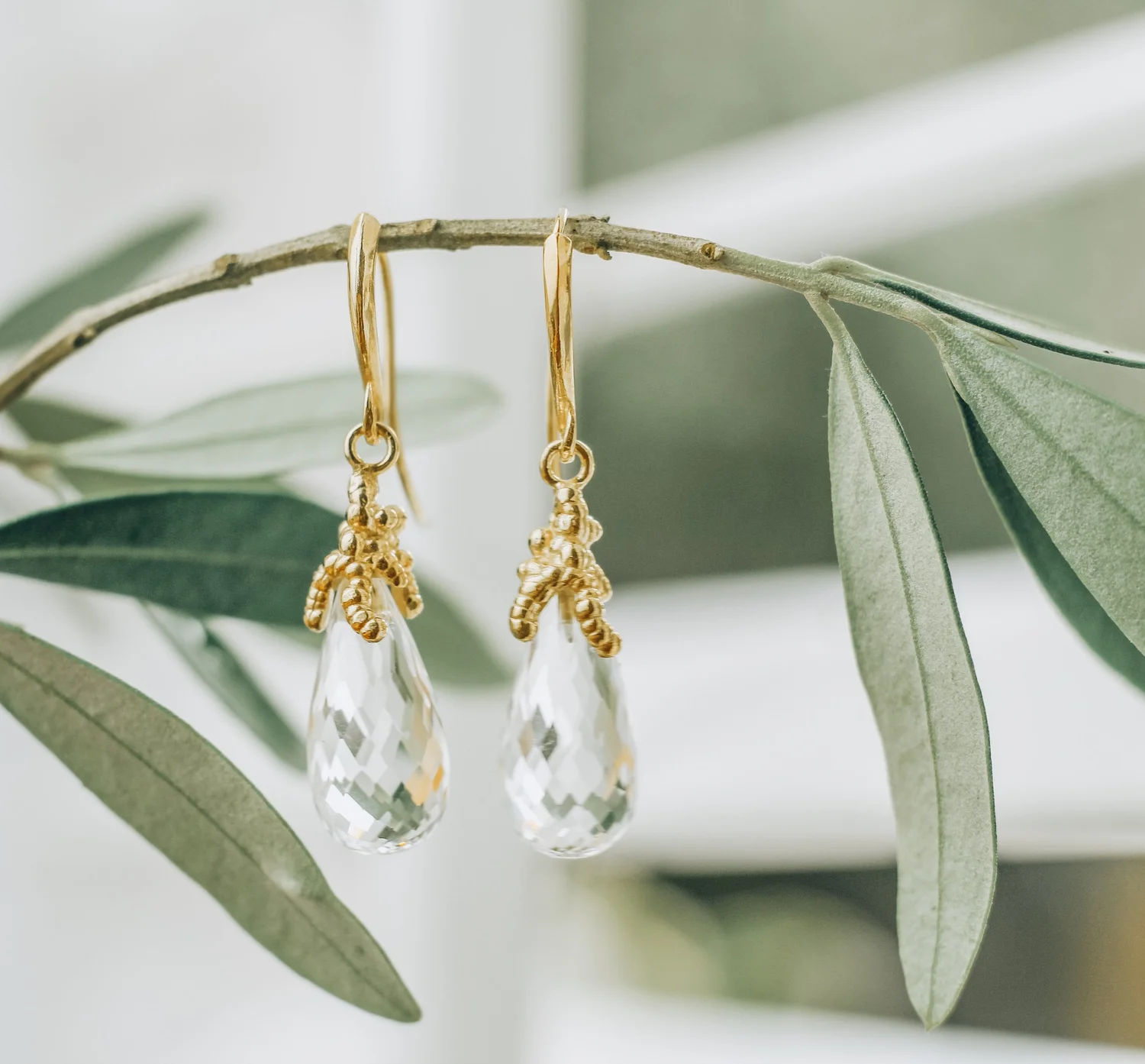Clear Rock crystal dangling earrings gold — Militza Ortiz Jewellery