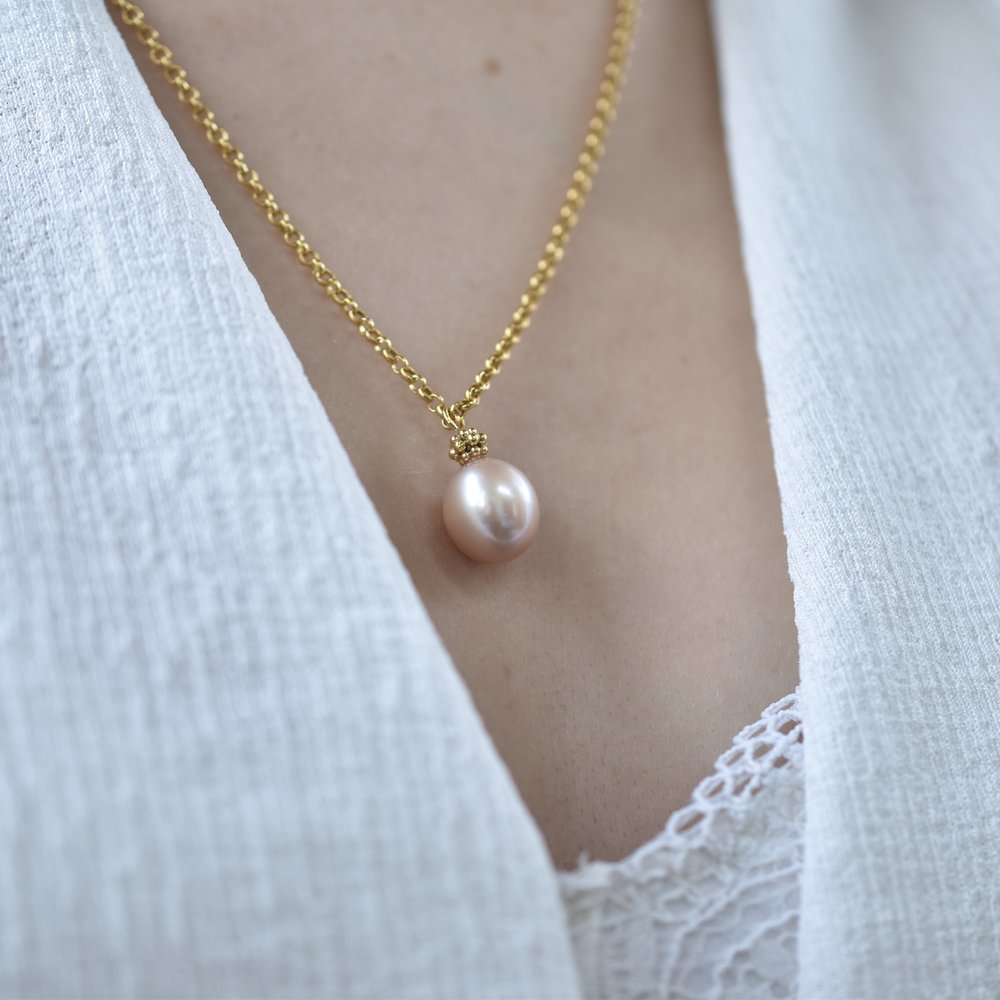 Baroque pink fresh water pearl pendant necklace - Gold