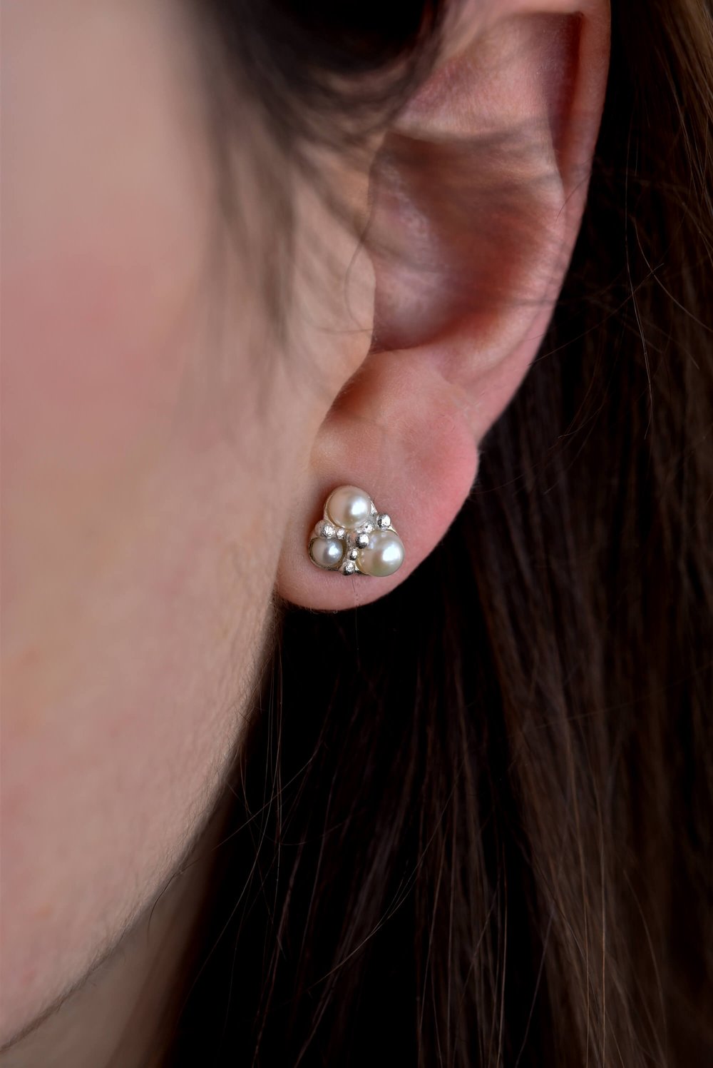 Three Pearl cluster stud earrings - Sterling Silver