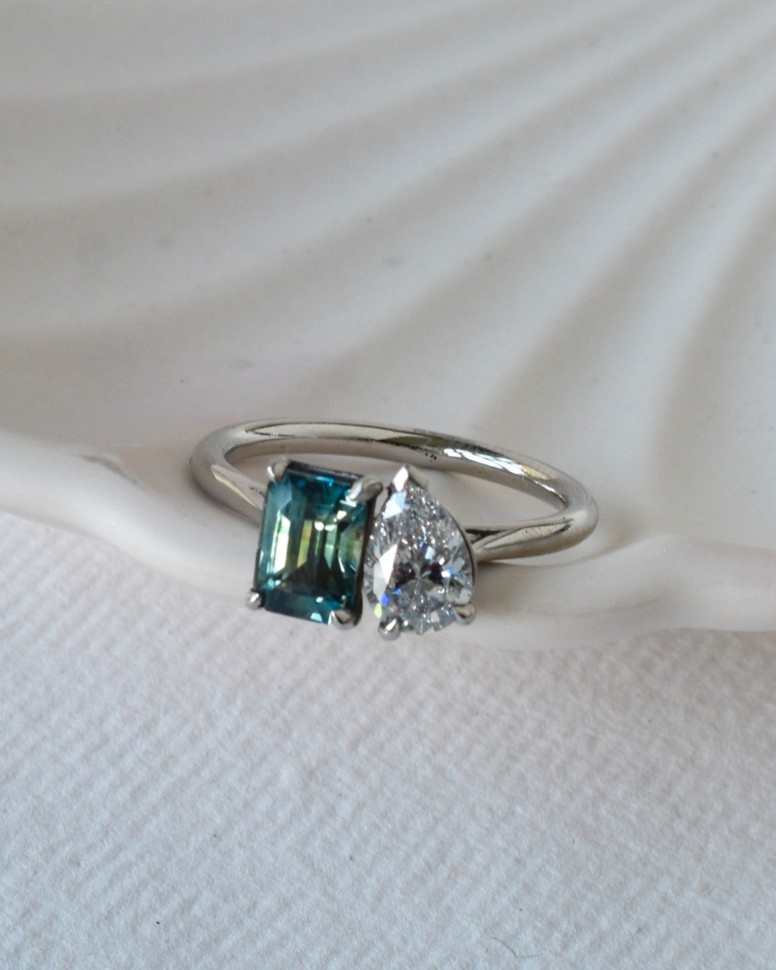 Say hello to one of my latest creations: a beautiful Toi et Moi platinum ring, featuring a bi colour sapphire in mesmerising blues and greens, sitting side by side with a pear shaped natural diamond.
The out come of working with a wonderful client wi