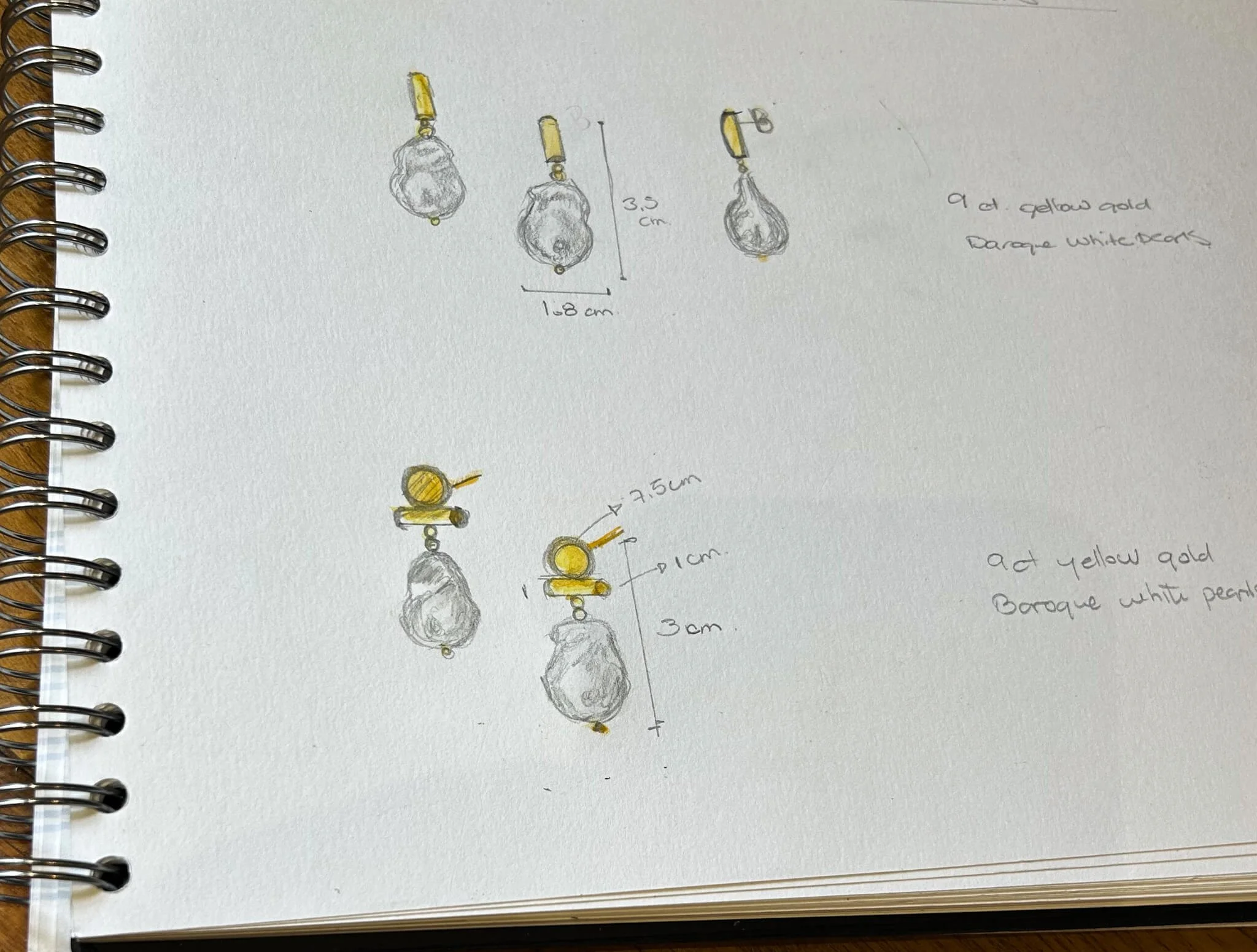 Sketching of baroque pearl earring designs by Militza Ortiz