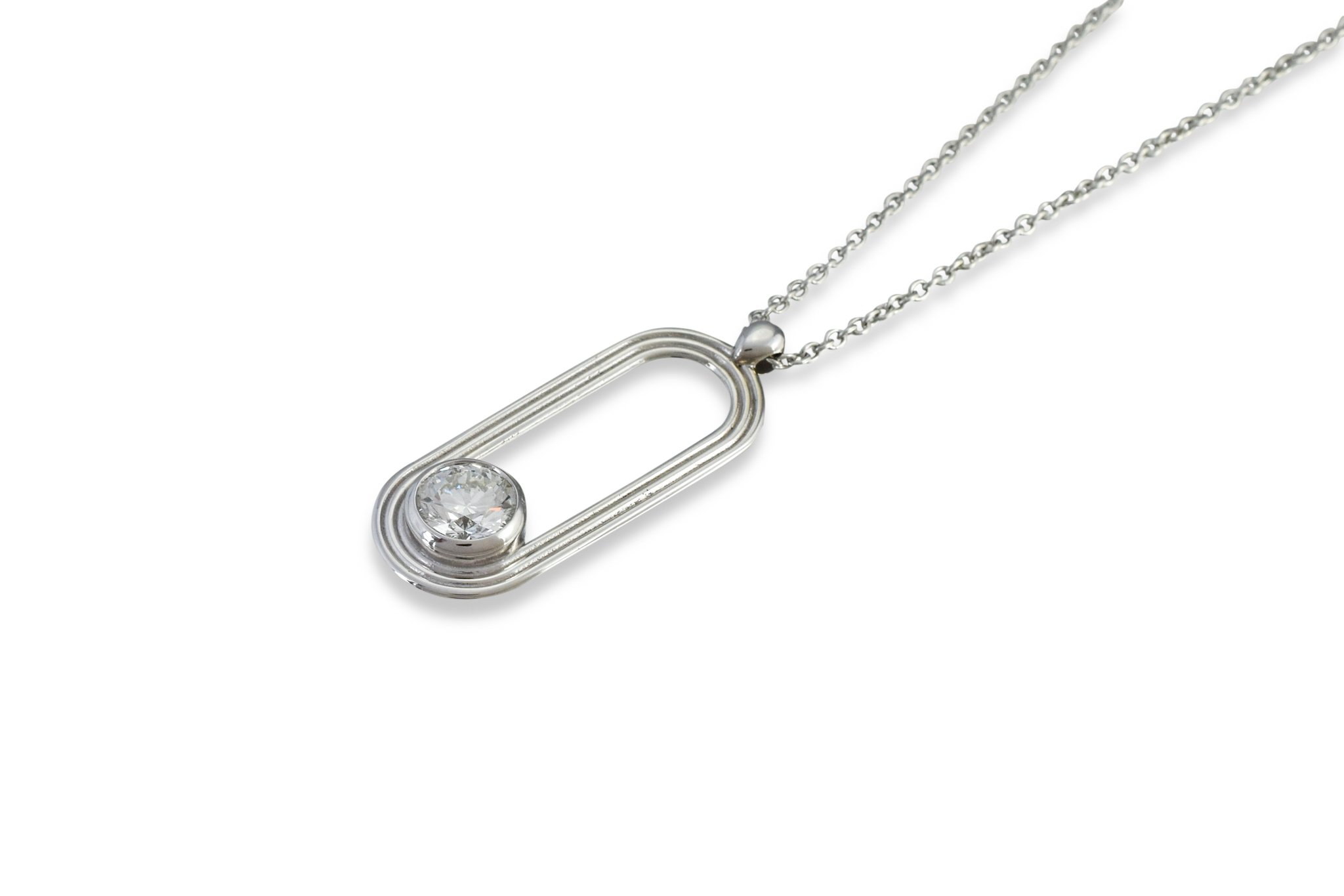 Side view of athletics track platinum and diamond pendant necklace o white background