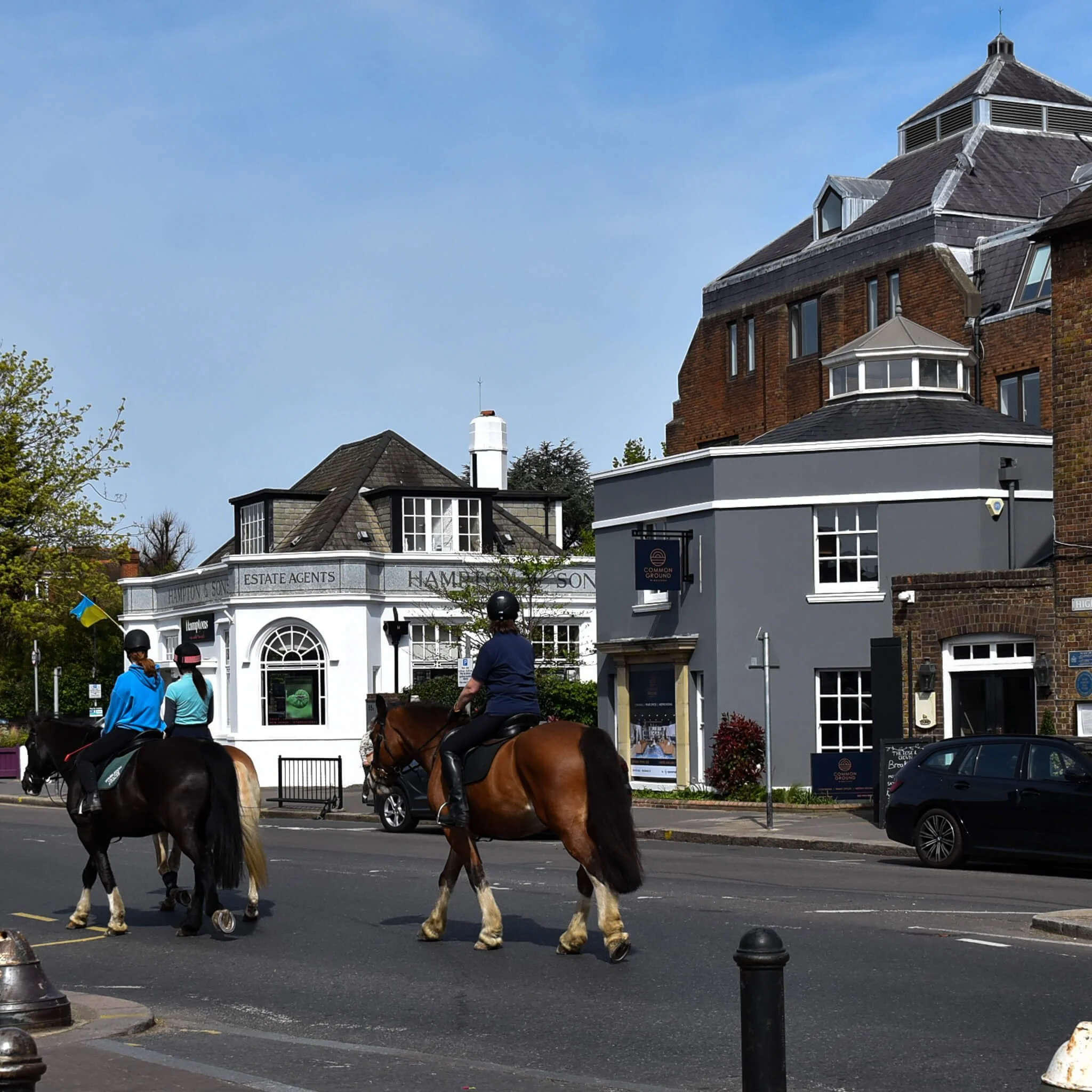 Horses with riders on Wimbledon village high street.