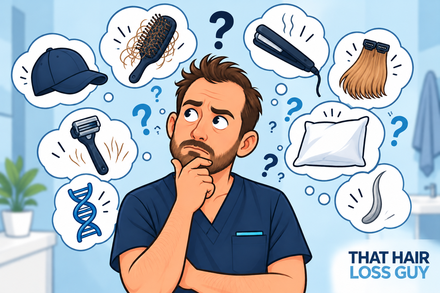 Cartoon illustration highlighting common hair loss myths about hats, hair washing, shaving, styling and genetics.