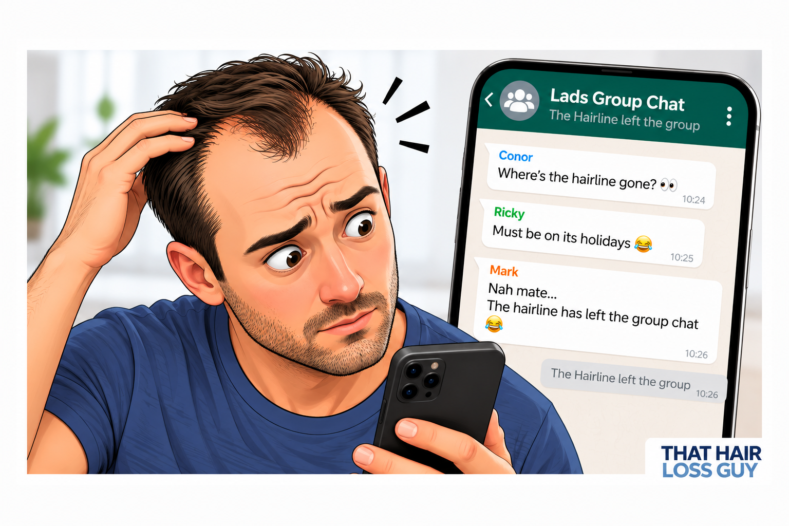 Cartoon illustration of a man checking his receding hairline while reading a humorous group chat about hair loss.