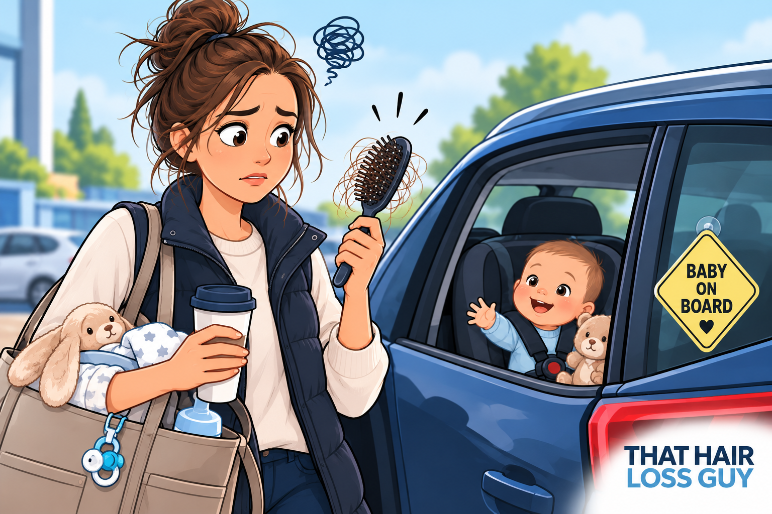 Cartoon illustration of a busy mum holding a hairbrush with loose hair beside a car carrying her baby, highlighting postpartum hair loss.