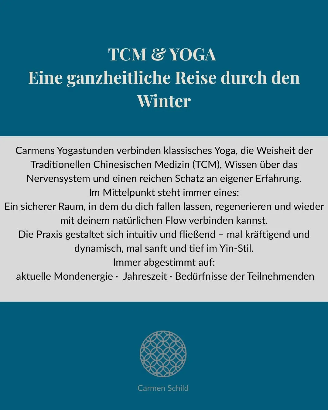 TCM &amp; YOGA &middot; Winterreihe
Eine Einladung ins Wasser-Element

Der Winter l&auml;dt uns ein, leiser zu werden.
Zur&uuml;ck in den K&ouml;rper zu sinken.
Dem eigenen Rhythmus wieder zu vertrauen.

In meinen Winterstunden verweben sich Yoga, di